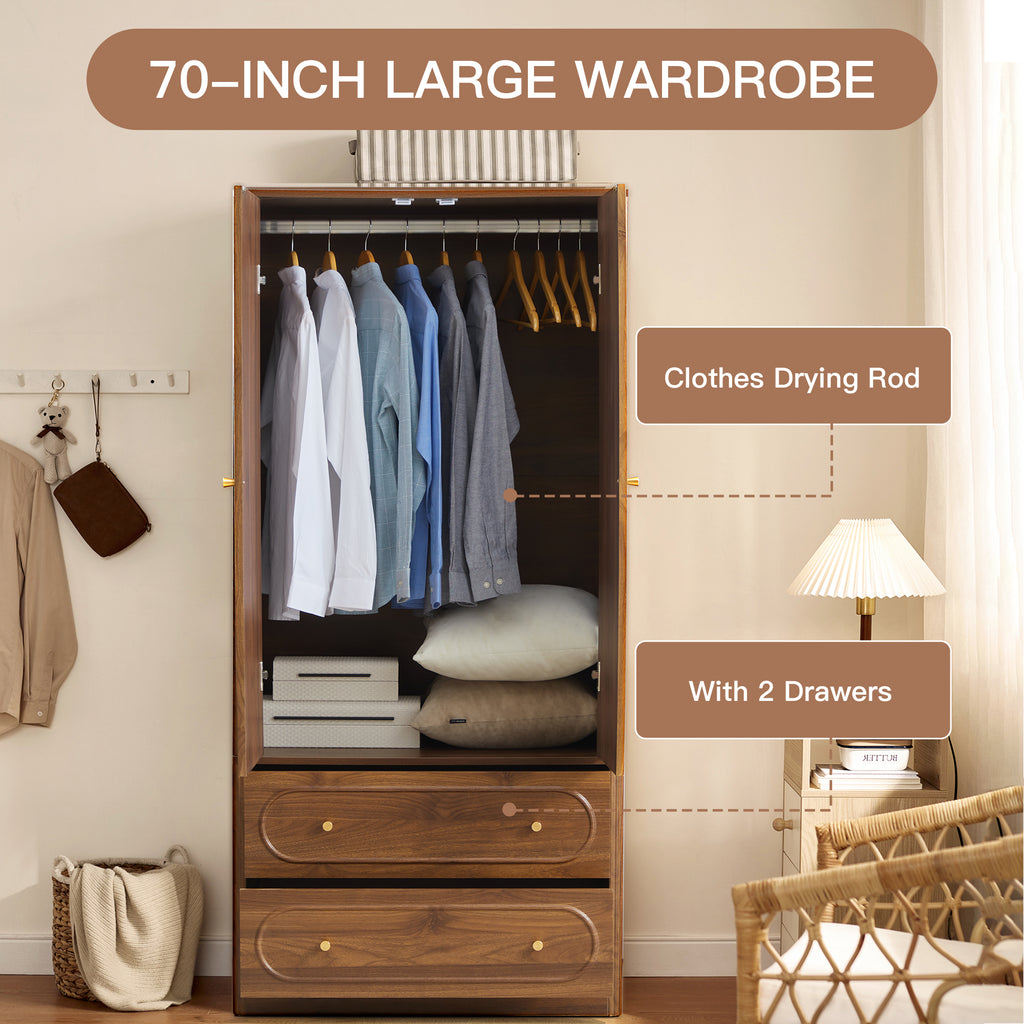 Wirrytor Armoire Wooden Closet with 2 Doors and 2 Drawer