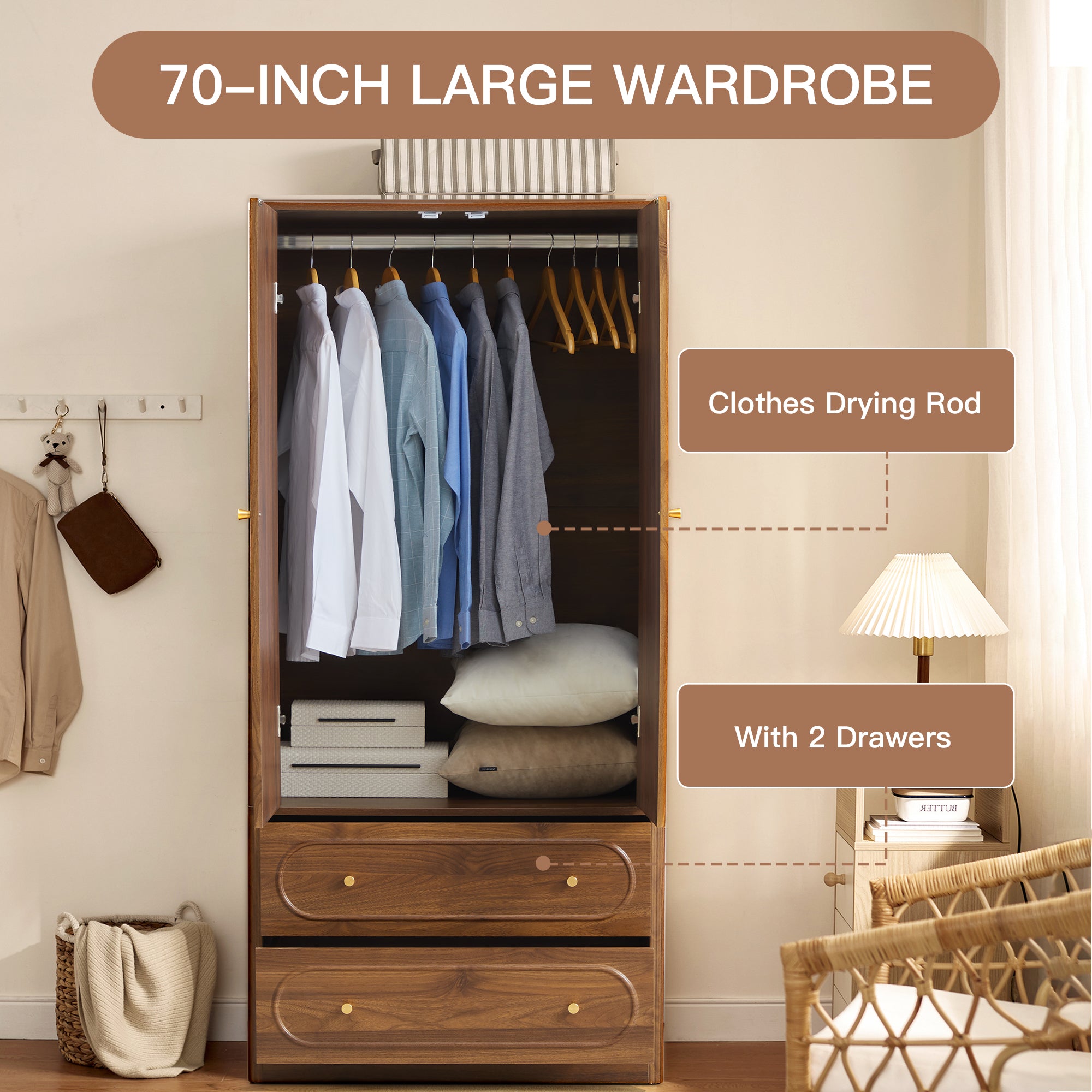Wirrytor Armoire Wooden Closet with 2 Doors and 2 Drawer