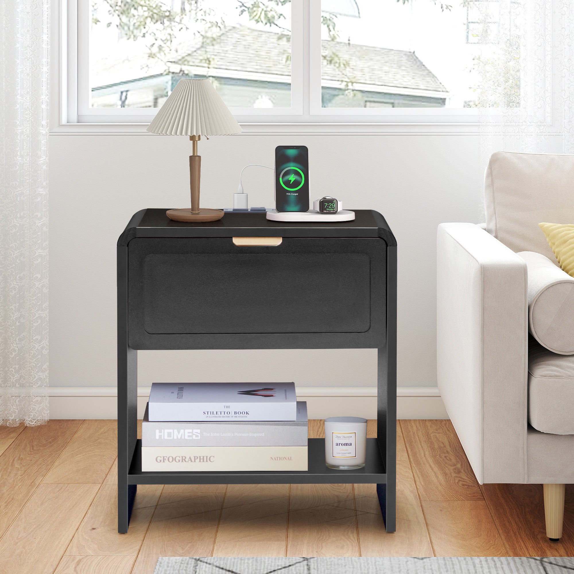 Wirrytor Farmhouse Natural Oak Fluted Nightstands, Mid-Century Chic End Table with Drawer and Open Shelf Storage, Curved Edge Bedside Table for Bedroom Living Room