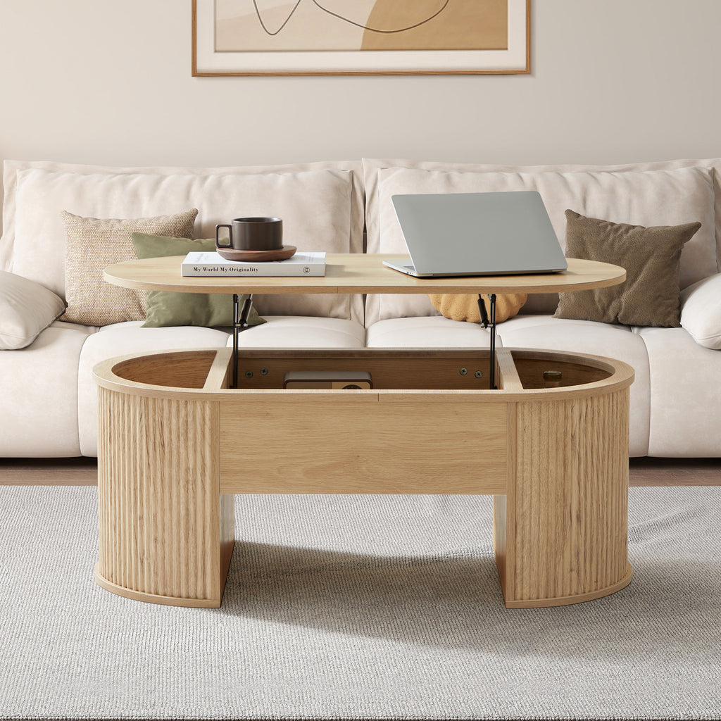 Wirrytor Lift Top Coffee Table with Storage and Open Storage Shelf, Oval Coffee Table for Living Room, Elliptical Arc Design, Fluted Center Table,  Finish & Spacious Storage,