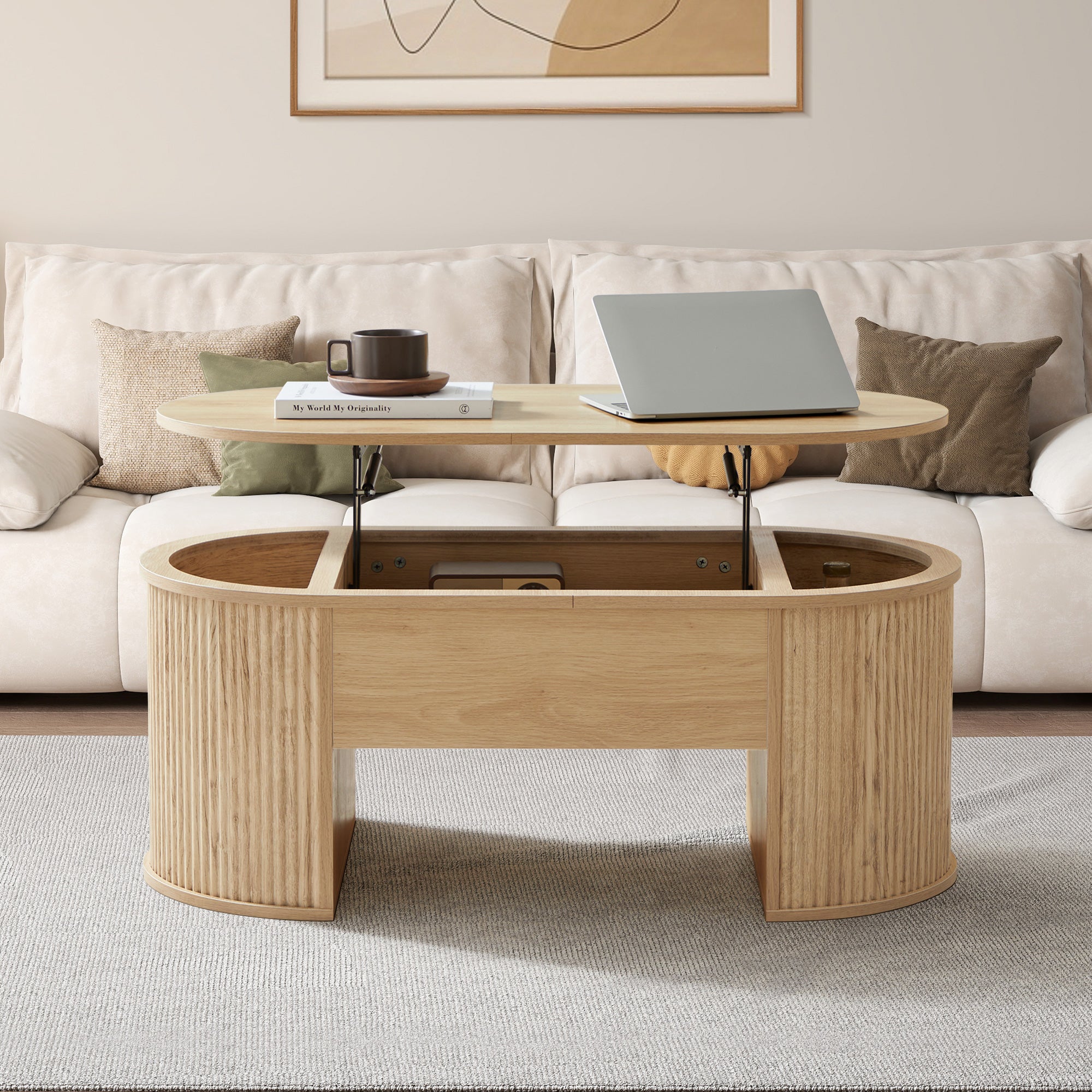 Wirrytor Lift Top Coffee Table with Storage and Open Storage Shelf, Oval Coffee Table for Living Room, Elliptical Arc Design, Fluted Center Table,  Finish & Spacious Storage,