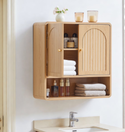 Wirrytor Fluted Wooden Medicine Cabinet Storage, Brown Bathroom Wall Cabinet with 2 Doors Adjustable Shelf and Towels Bar
