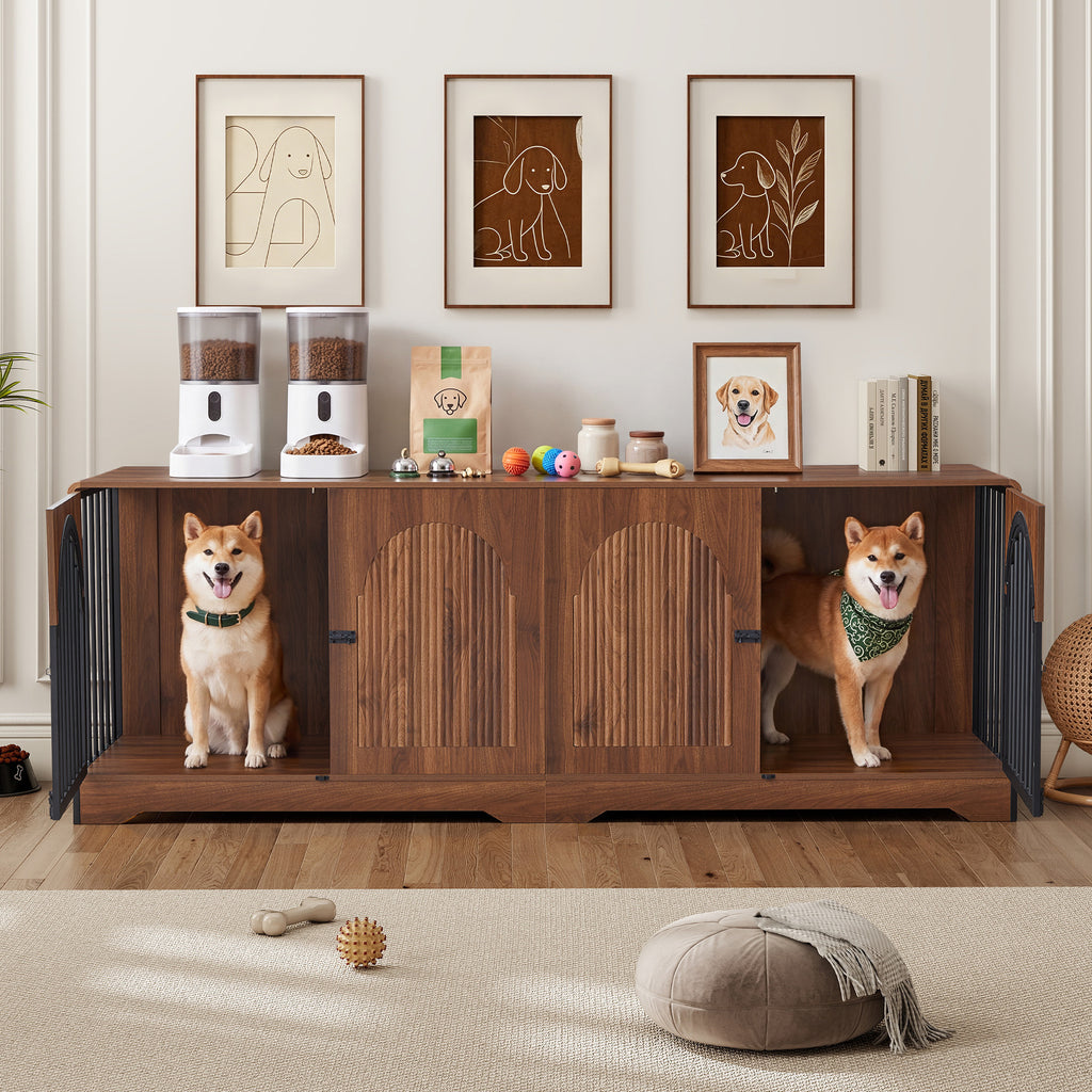 WIRRYTOR 86" Double Dog Crate Furniture for 2 Large Dogs, Heavy Duty Large Dog Kennel with Removable Divider, Wood Pet Cage TV Stand