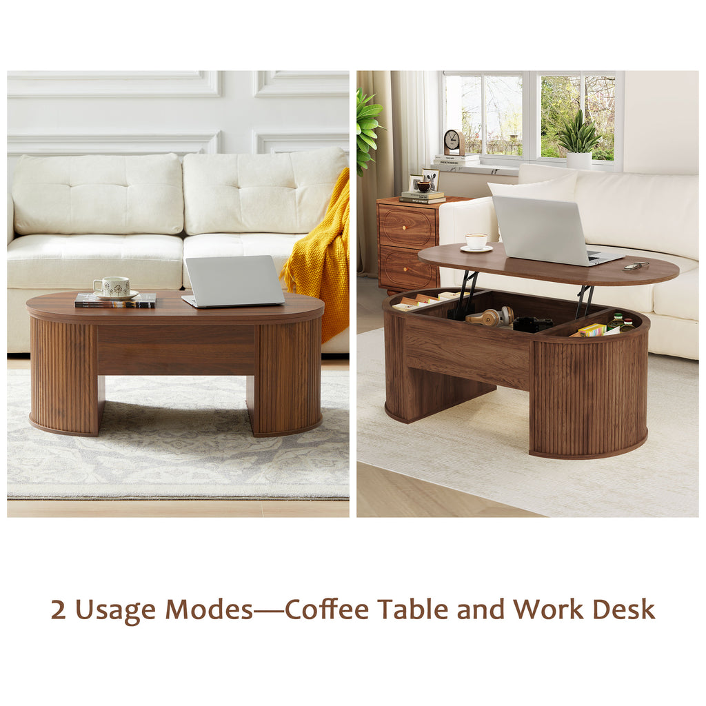 Wirrytor Lift Top Coffee Table with Storage and Open Storage Shelf, Oval Coffee Table for Living Room, Elliptical Arc Design, Fluted Center Table,  Finish & Spacious Storage,