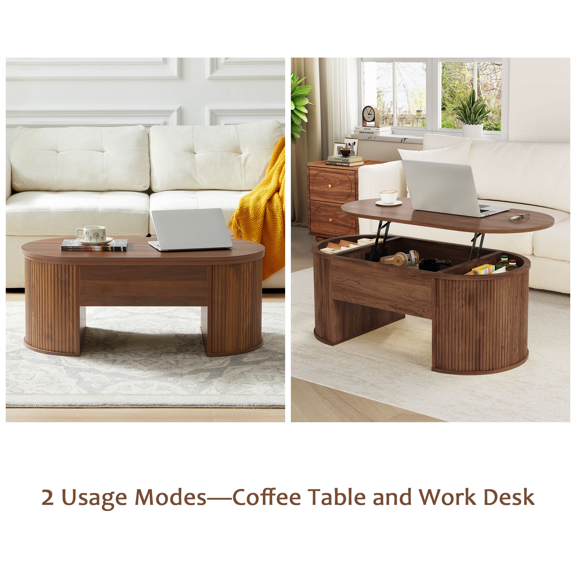Wirrytor Lift Top Coffee Table with Storage and Open Storage Shelf, Oval Coffee Table for Living Room, Elliptical Arc Design, Fluted Center Table,  Finish & Spacious Storage,