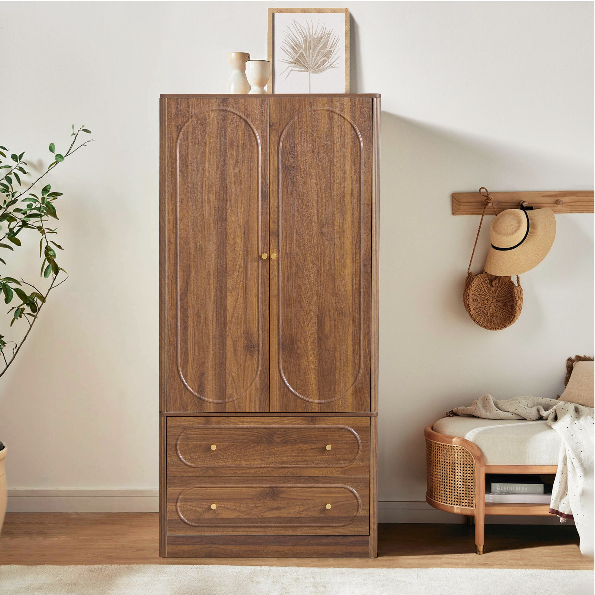 Wirrytor 2 Door Armoire for Bedroom with 2 Drawers and Hanging Rod, Fl