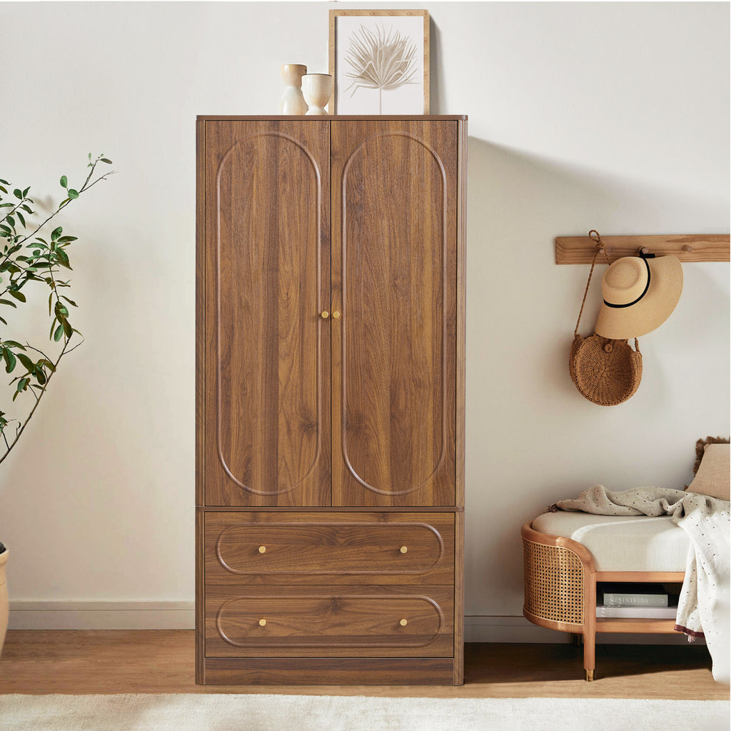 Wirrytor 2 Door Armoire for Bedroom with 2 Drawers and Hanging Rod, Fluted Tall Wardrobe Closet Storage Organizer, Large Capacity Freestanding Wardrobe for Living Room Or Office