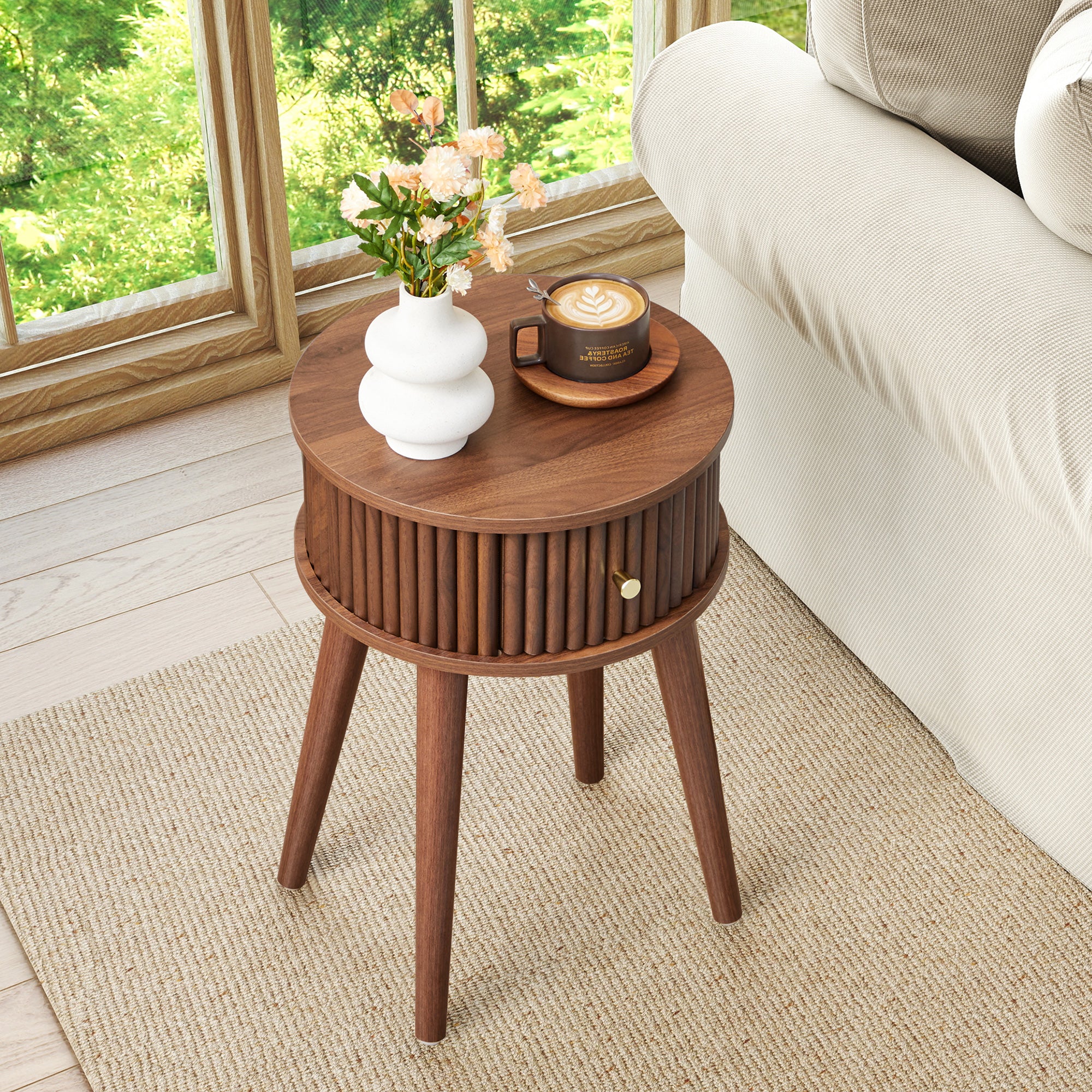 WIRRYTOR Set of 2 Modern Boho End Tables for Living Room, Round Fluted Side Tables with Drawer and Splayed Legs, Walnut Accent Tables