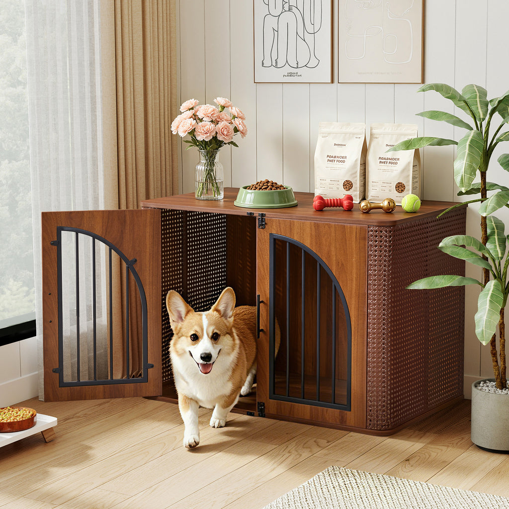 WIRRYTOR 39.37" Wooden Furniture Dog Crate with Arched Doors, Modern Indoor Dog Kennel Pet House End Table for Medium Dogs