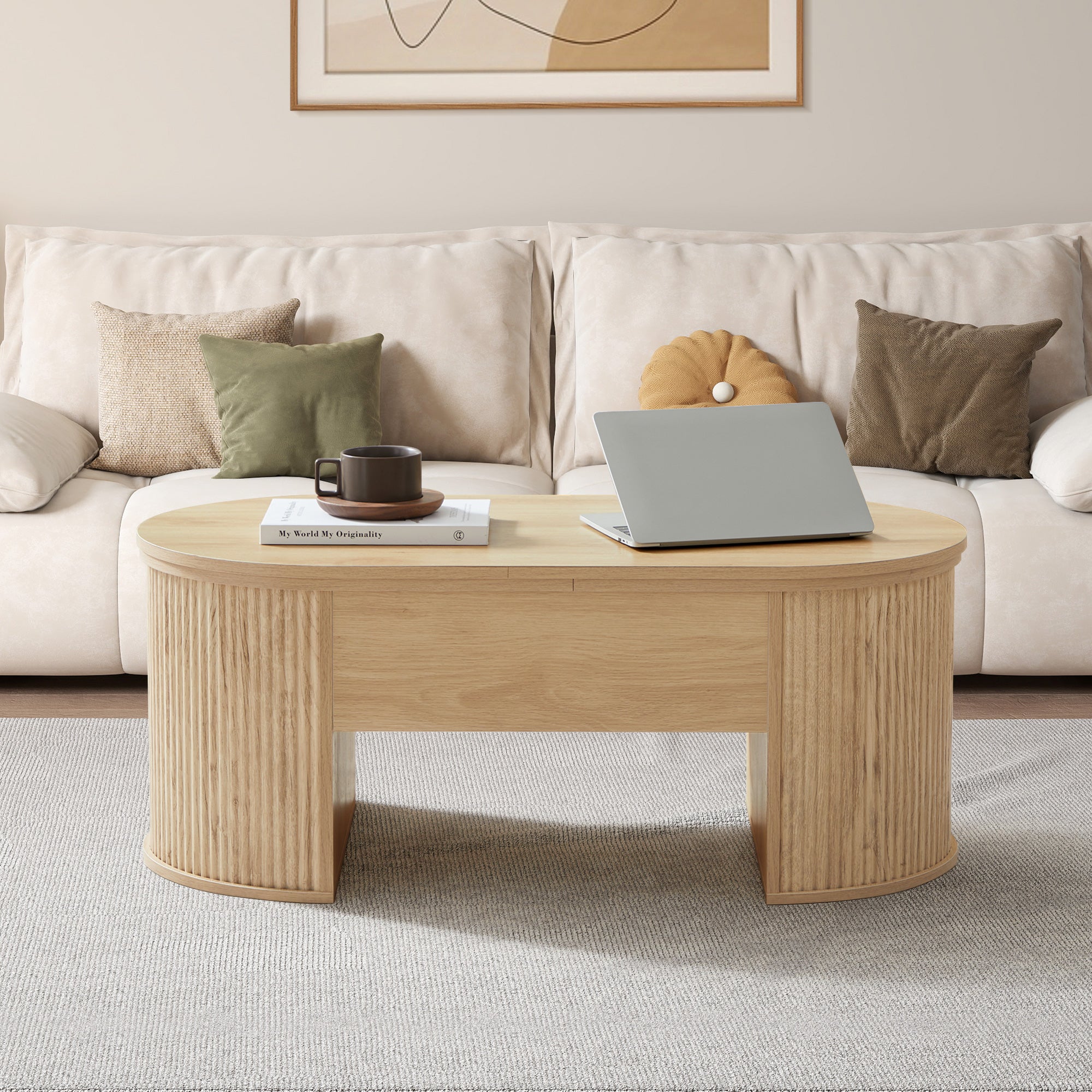 Wirrytor Lift Top Coffee Table with Storage and Open Storage Shelf, Oval Coffee Table for Living Room, Elliptical Arc Design, Fluted Center Table,  Finish & Spacious Storage,