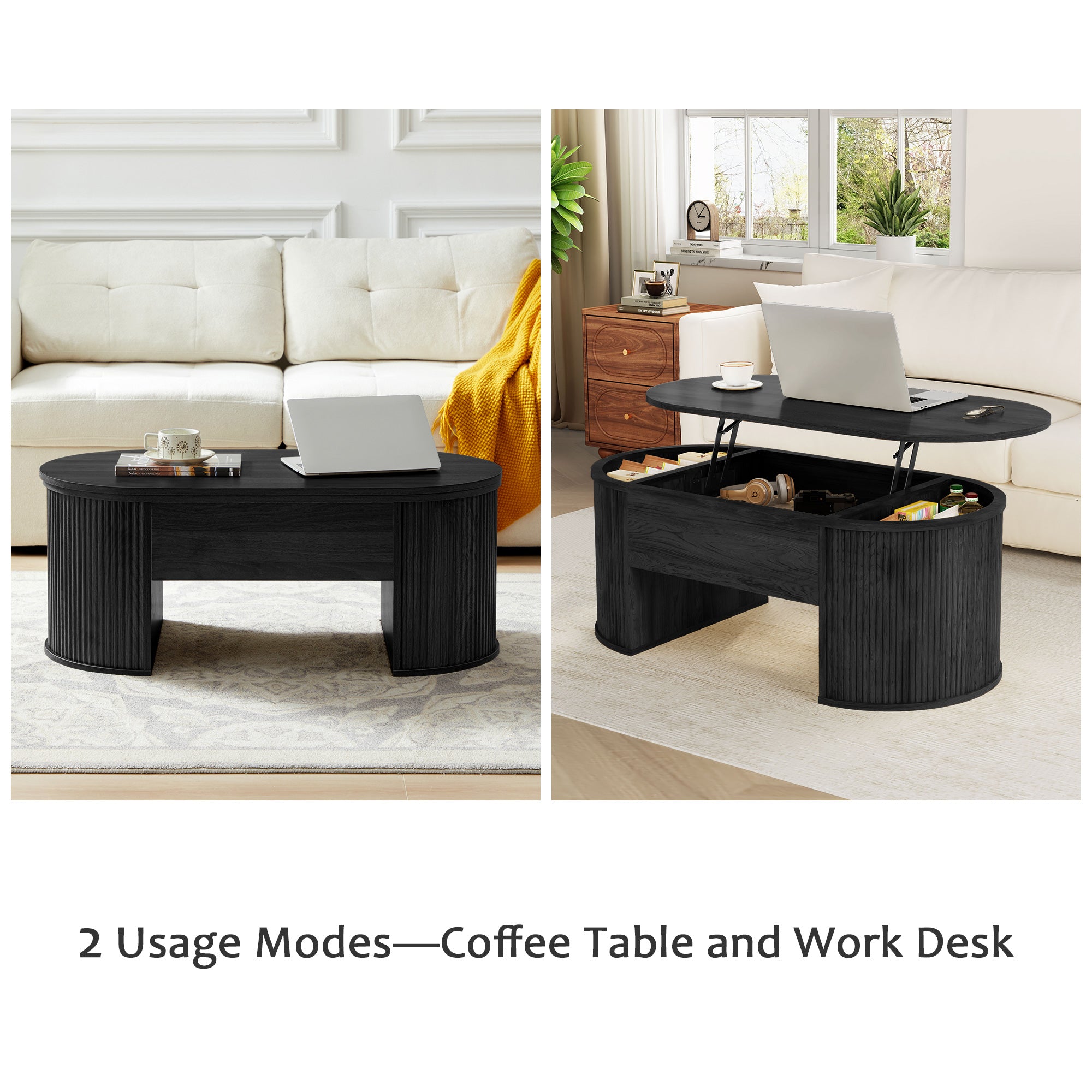 Wirrytor Lift Top Coffee Table with Storage and Open Storage Shelf, Oval Coffee Table for Living Room, Elliptical Arc Design, Fluted Center Table,  Finish & Spacious Storage,