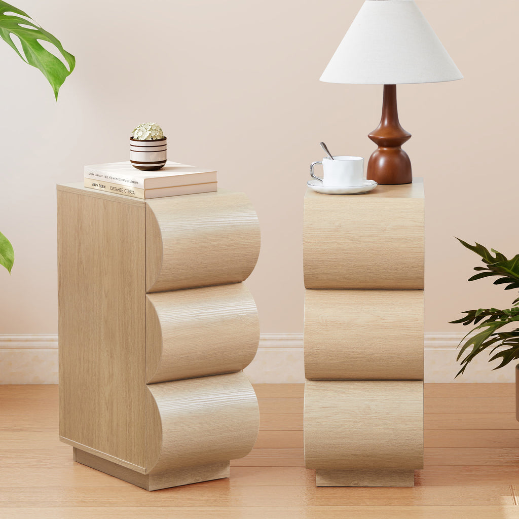 WIRRYTOR Curved Wave Narrow Nightstand Set of 2 for Bedroom, Mid-Century Modern 3 Drawer Slim Bedside Tables, Retro End Table Set of 2