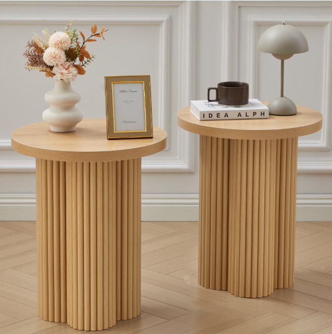 Wirrytor Farmhouse Round End Table, Wooden Fluted Couch Side Table with Octagonal Base for Living Room, Small Bedside Table Accent Cabinet, Bedroom