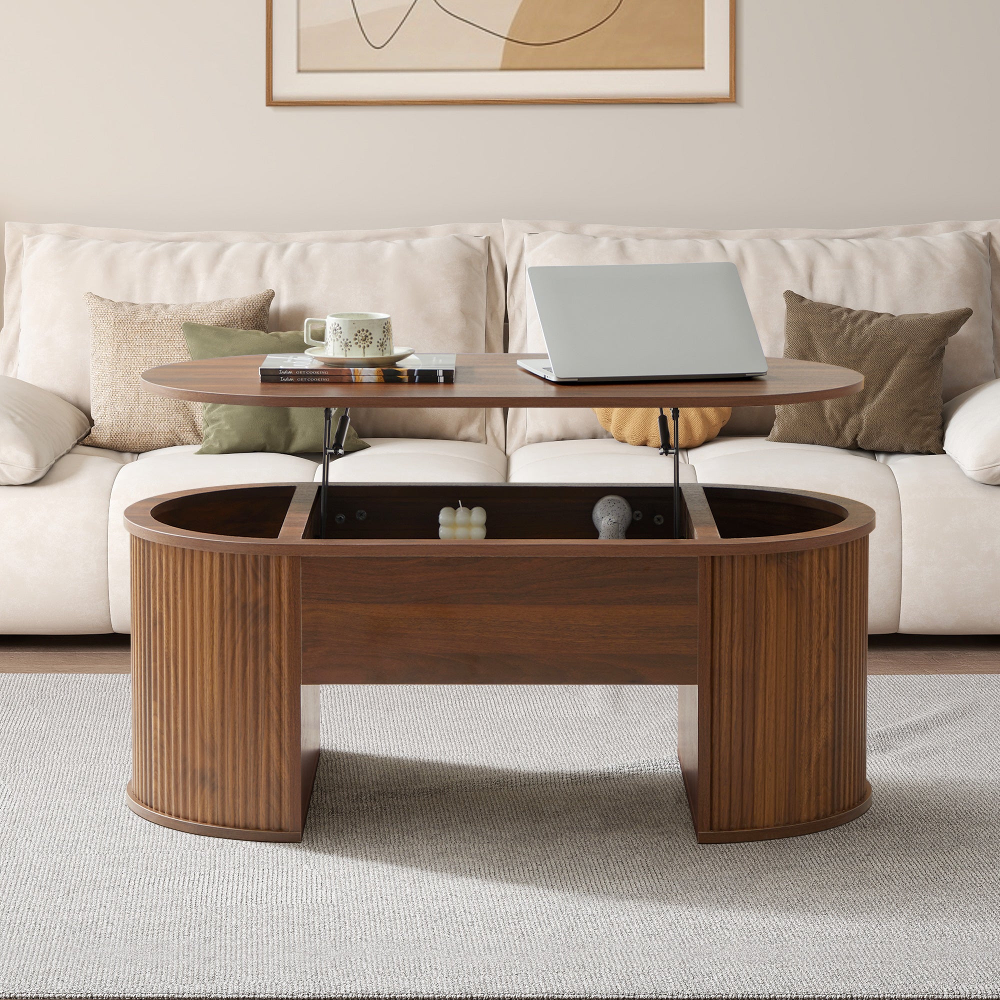 Wirrytor Lift Top Coffee Table with Storage and Open Storage Shelf, Oval Coffee Table for Living Room, Elliptical Arc Design, Fluted Center Table,  Finish & Spacious Storage,