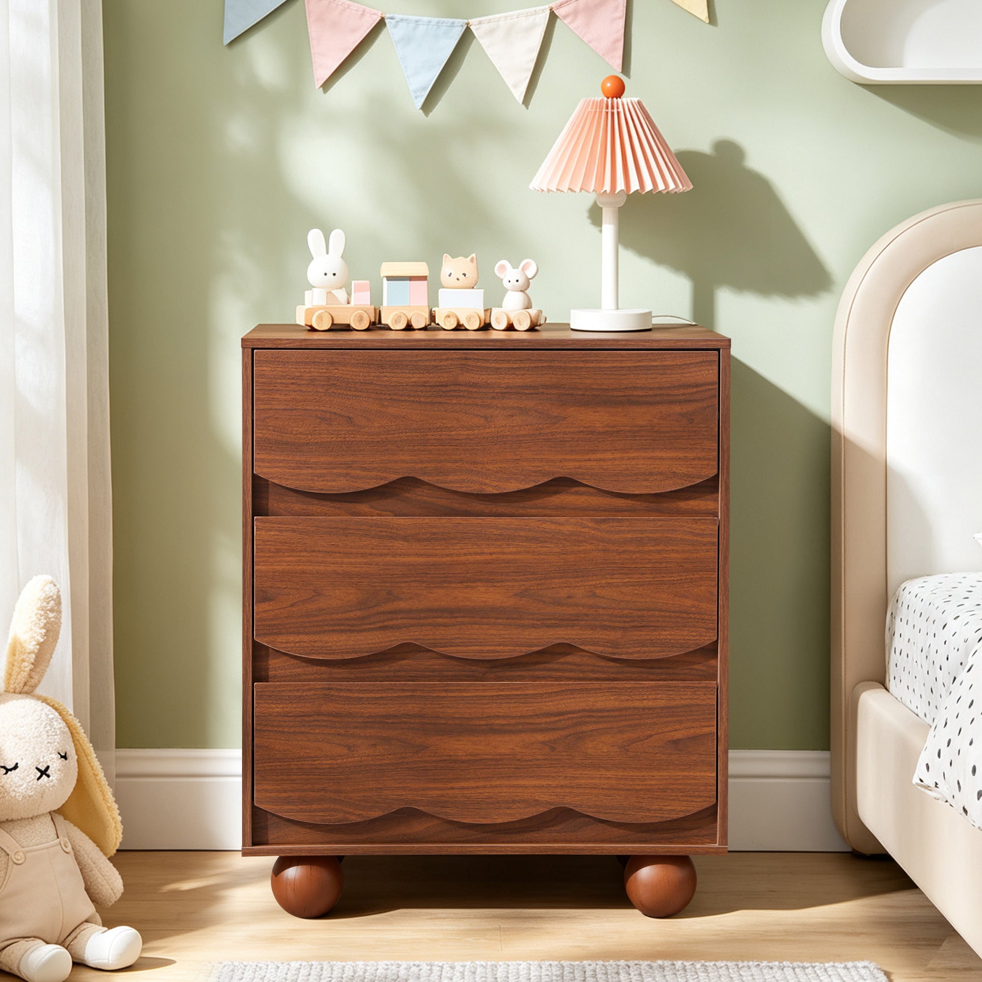 WIRRYTOR Modern Wave Front 3 Drawer Nightstand and Storage Dresser, Scalloped Bedside Table with Solid Wood Ball Leg for Bedroom Living Room