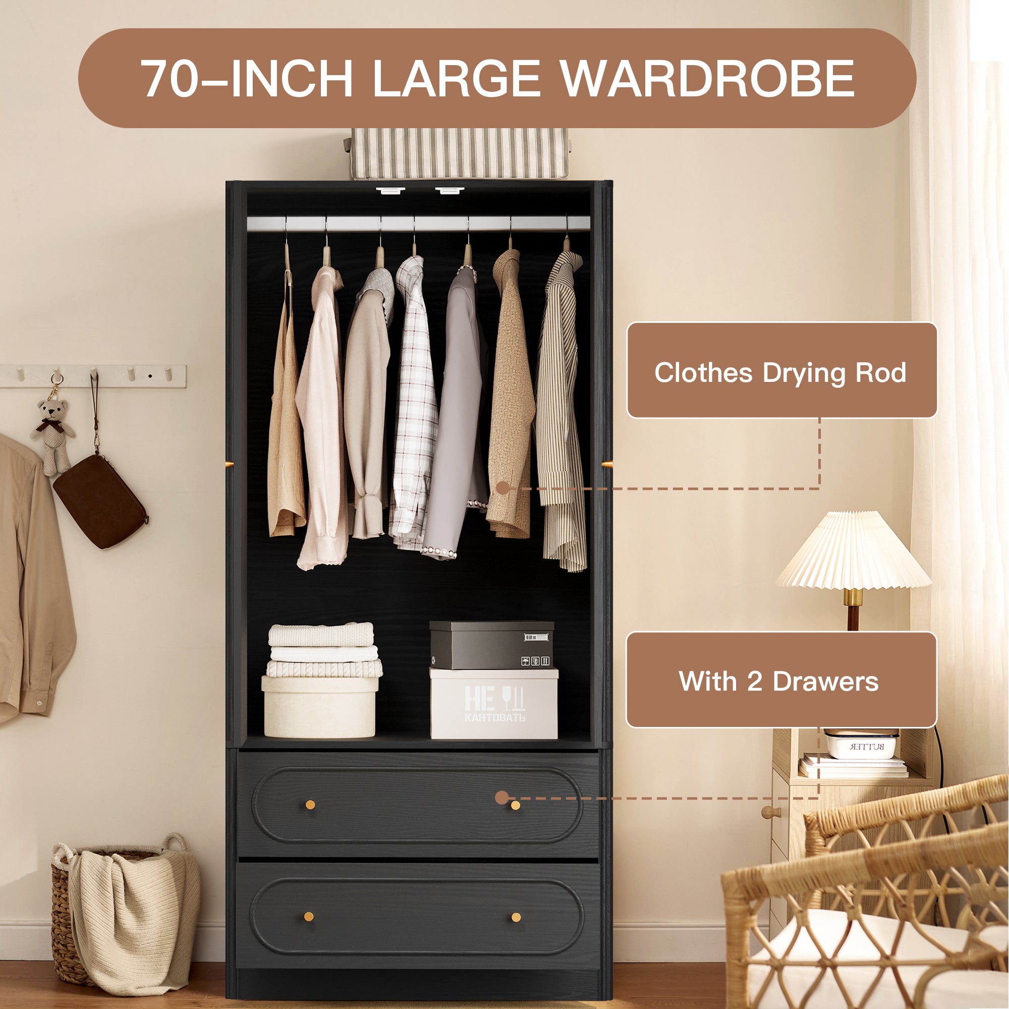 Wirrytor Armoire Wooden Closet with 2 Doors and 2 Drawer