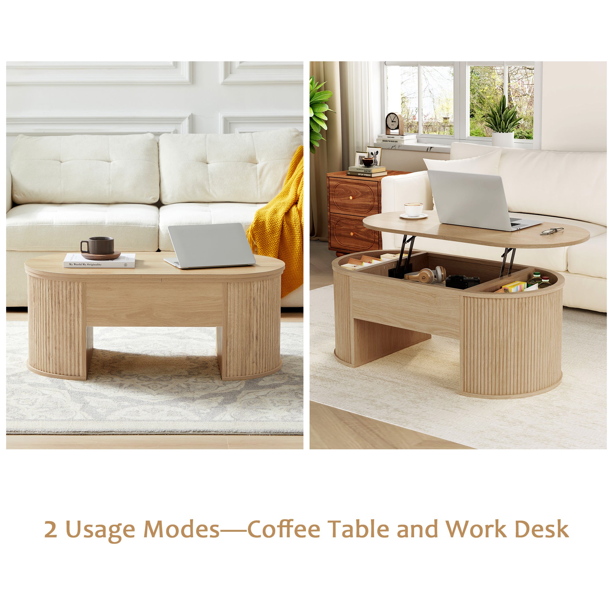 Wirrytor Lift Top Coffee Table with Storage and Open Storage Shelf, Oval Coffee Table for Living Room, Elliptical Arc Design, Fluted Center Table,  Finish & Spacious Storage,