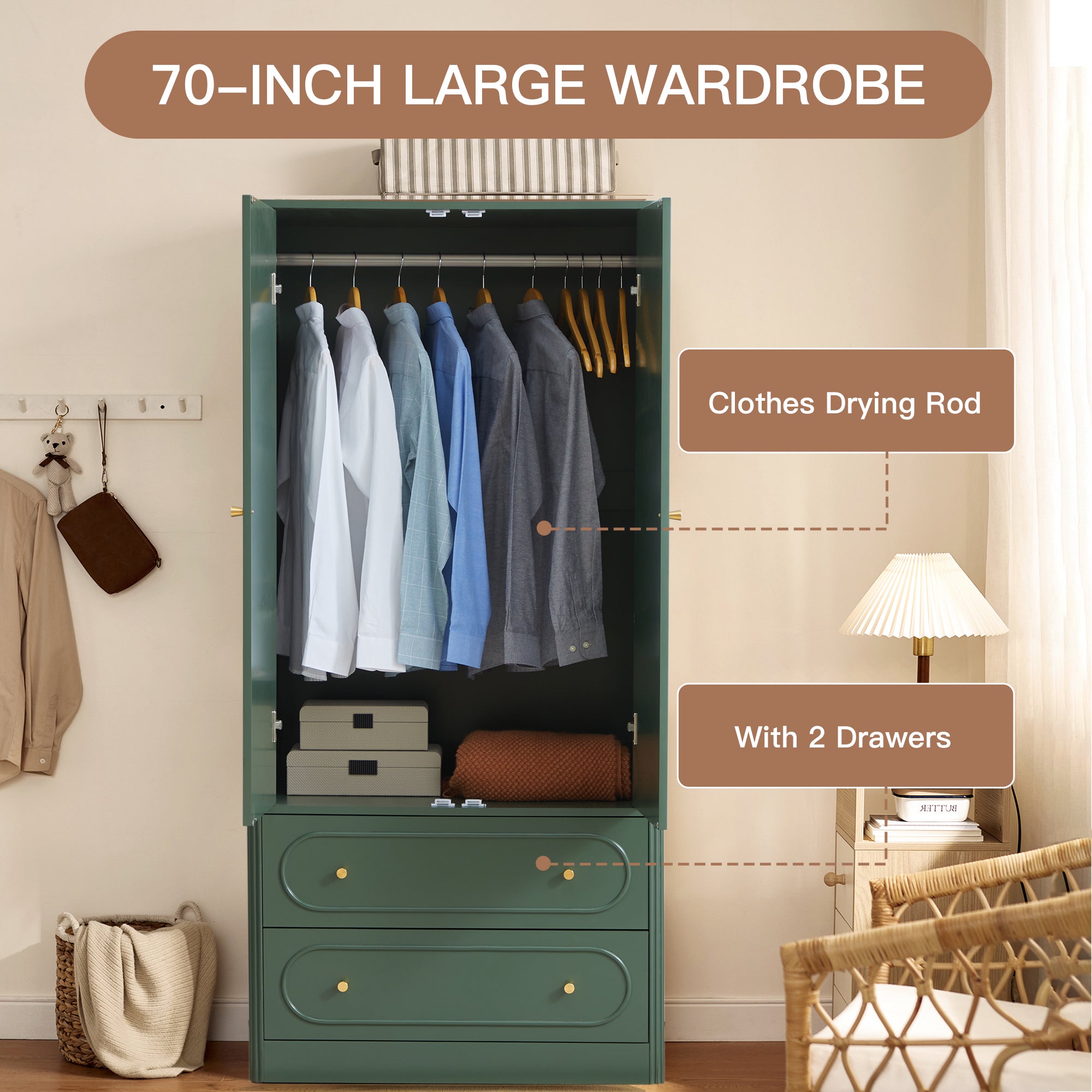 Wirrytor Armoire Wooden Closet with 2 Doors and 2 Drawer