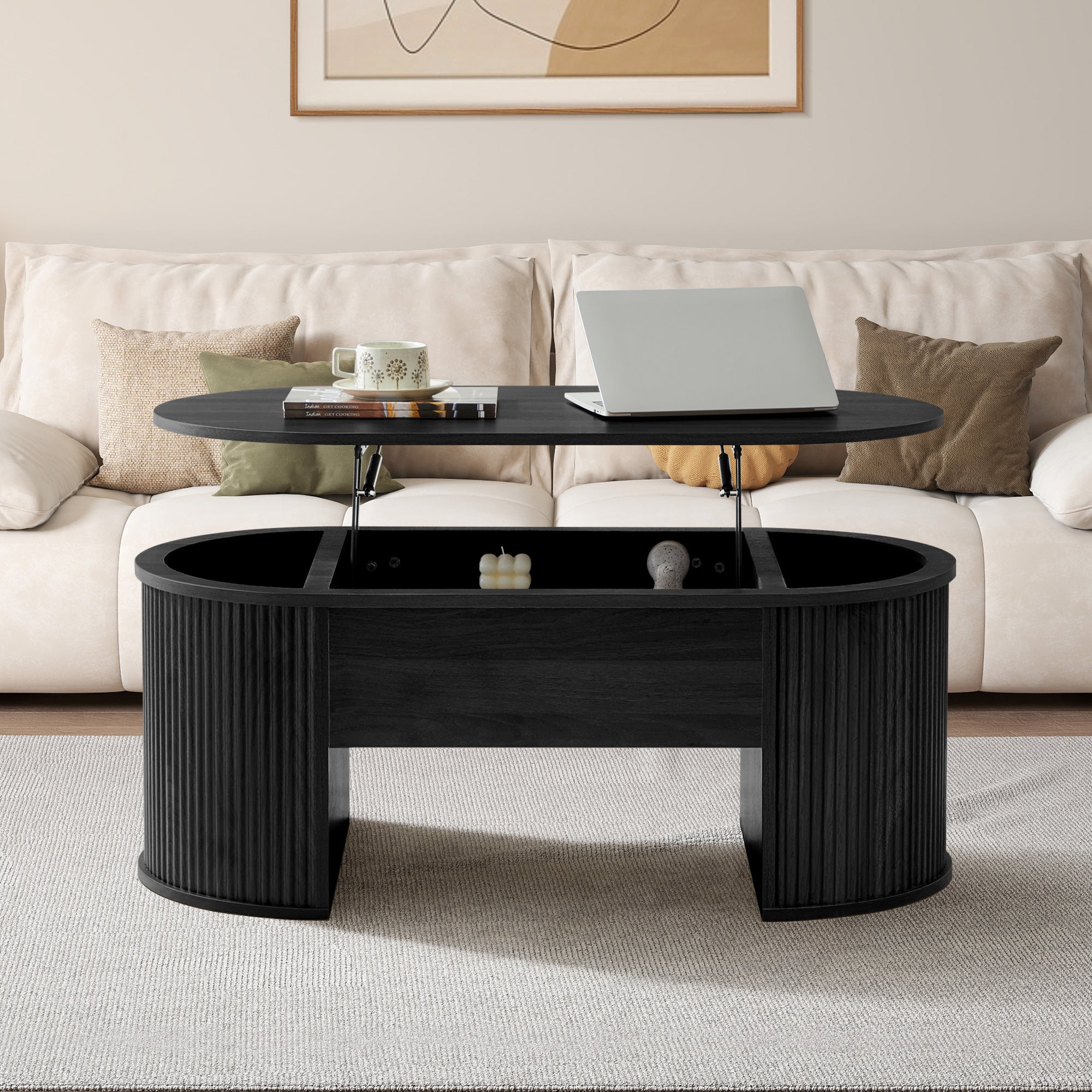 Wirrytor Lift Top Coffee Table with Storage and Open Storage Shelf, Oval Coffee Table for Living Room, Elliptical Arc Design, Fluted Center Table,  Finish & Spacious Storage,