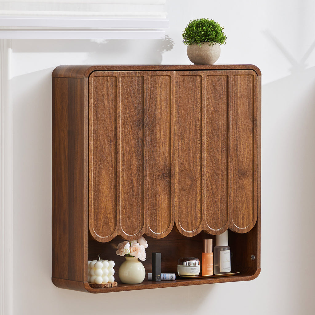 Wirrytor Fluted Wooden Medicine Cabinet Storage, Brown Bathroom Wall Cabinet with 2 Doors Adjustable Shelf and Towels Bar