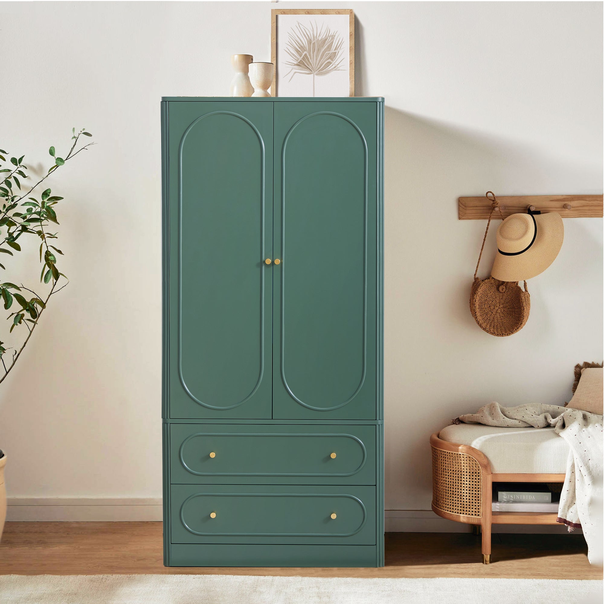 Wirrytor Armoire Wooden Closet with 2 Doors and 2 Drawer