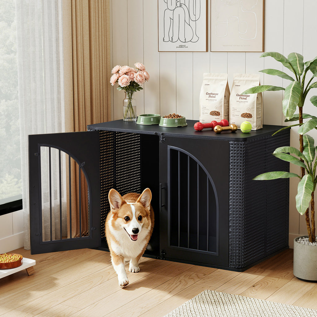 WIRRYTOR 39.37" Wooden Furniture Dog Crate with Arched Doors, Modern Indoor Dog Kennel Pet House End Table for Medium Dogs