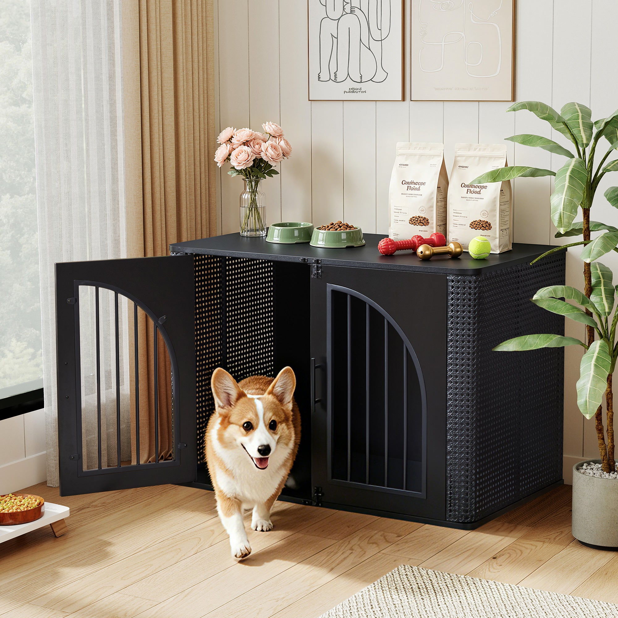 WIRRYTOR 39.37" Wooden Furniture Dog Crate with Arched Doors, Modern Indoor Dog Kennel Pet House End Table for Medium Dogs