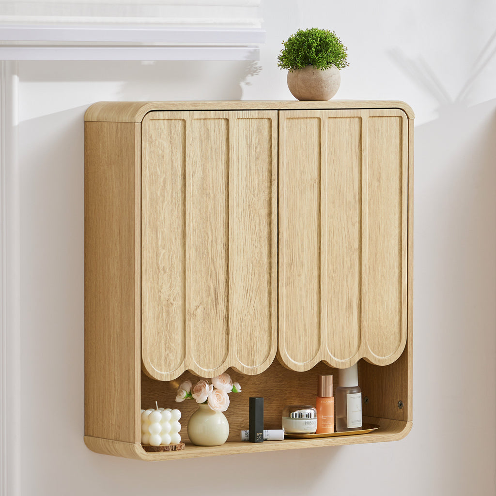 Wirrytor Fluted Wooden Medicine Cabinet Storage, Brown Bathroom Wall Cabinet with 2 Doors Adjustable Shelf and Towels Bar
