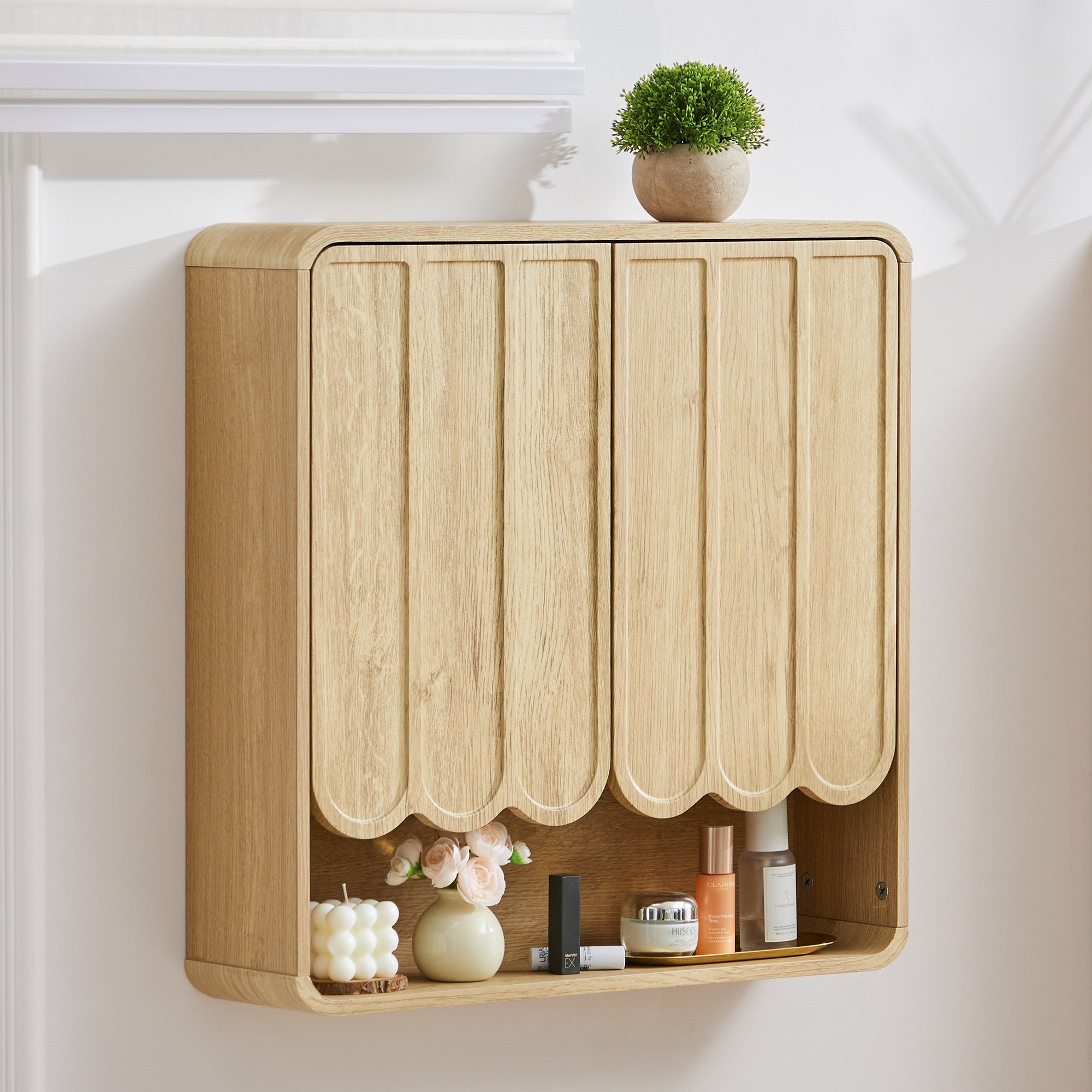 Wirrytor Fluted Wooden Medicine Cabinet Storage, Brown Bathroom Wall Cabinet with 2 Doors Adjustable Shelf and Towels Bar
