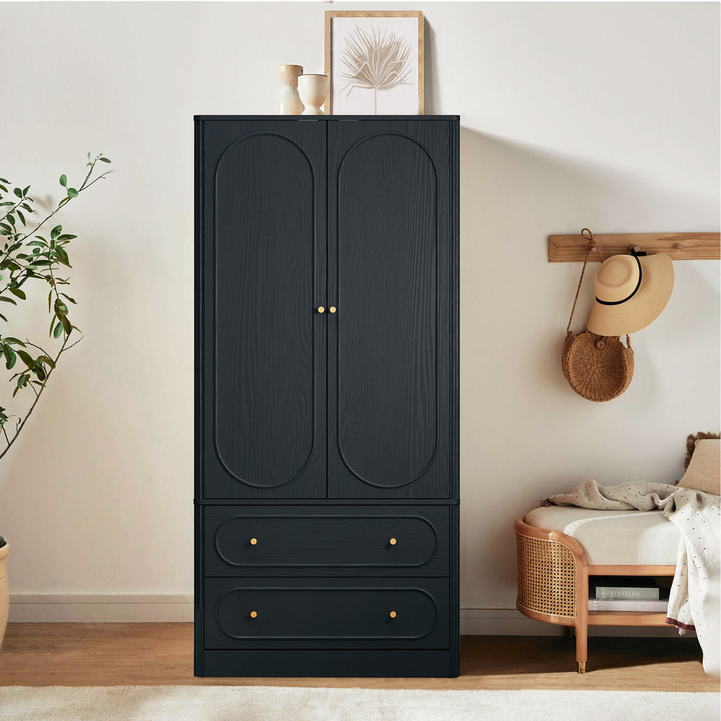 Wirrytor 2 Door Armoire for Bedroom with 2 Drawers and Hanging Rod, Fluted Tall Wardrobe Closet Storage Organizer, Large Capacity Freestanding Wardrobe for Living Room Or Office