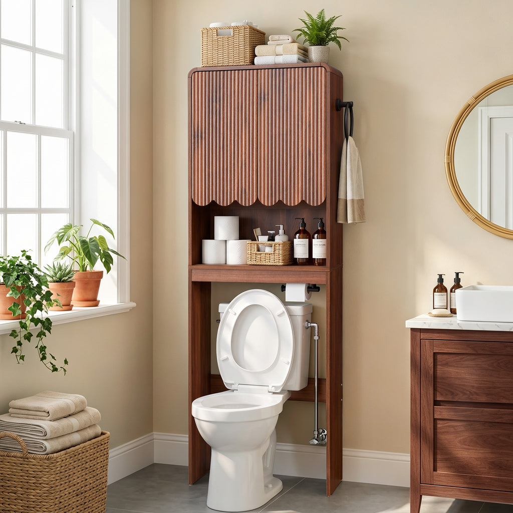 WIRRYTOR Modern Fluted Over the Toilet Storage Cabinet, 68" Tall Freestanding Bathroom Organizer with Adjustable Shelf and Paper Holder, Walnut