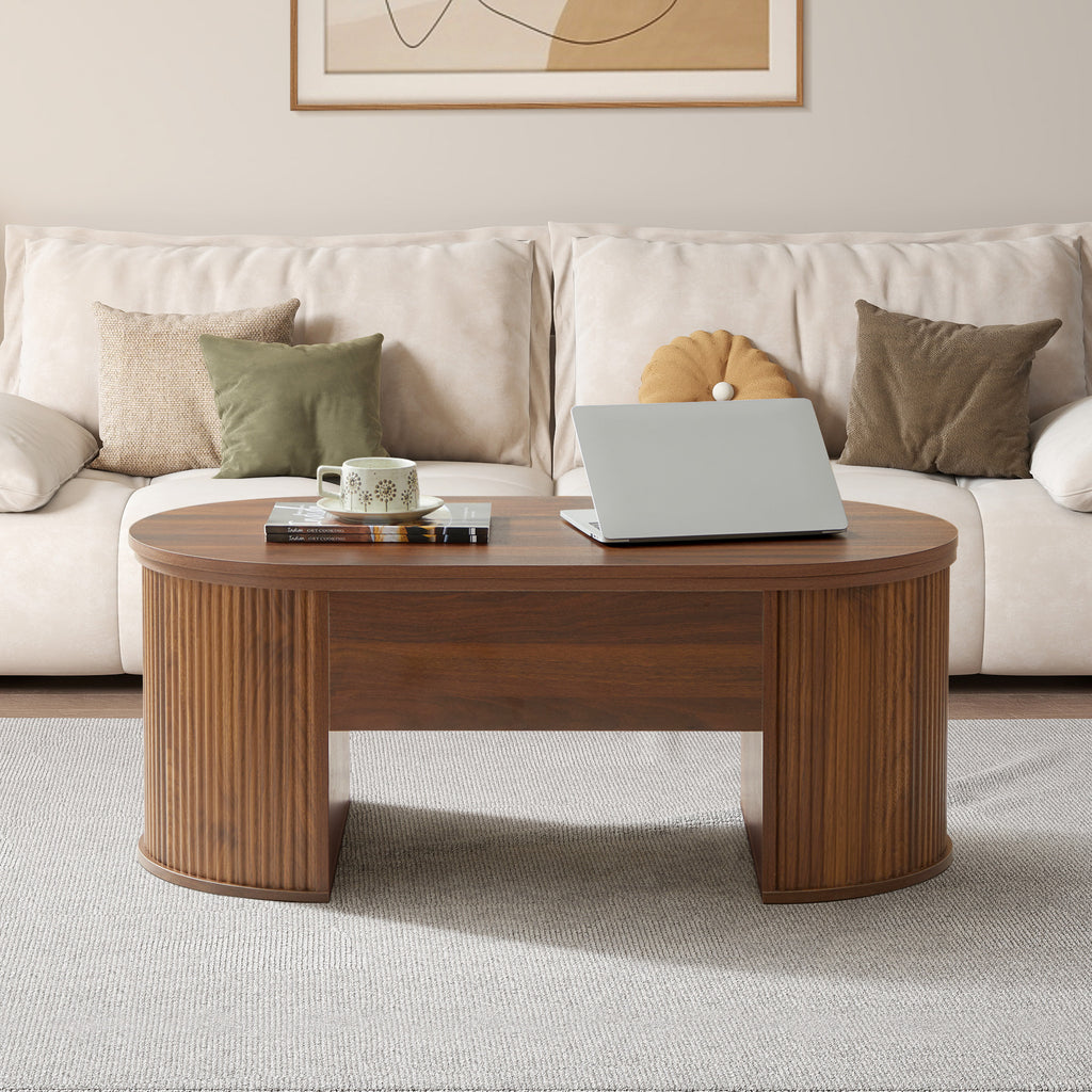 Wirrytor Lift Top Coffee Table with Storage and Open Storage Shelf, Oval Coffee Table for Living Room, Elliptical Arc Design, Fluted Center Table,  Finish & Spacious Storage,