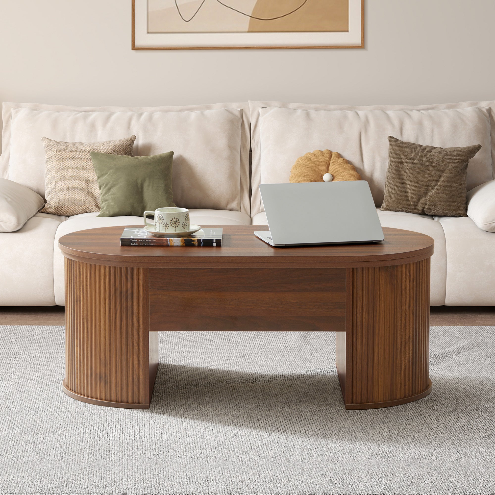 Wirrytor Lift Top Coffee Table with Storage and Open Storage Shelf, Oval Coffee Table for Living Room, Elliptical Arc Design, Fluted Center Table,  Finish & Spacious Storage,