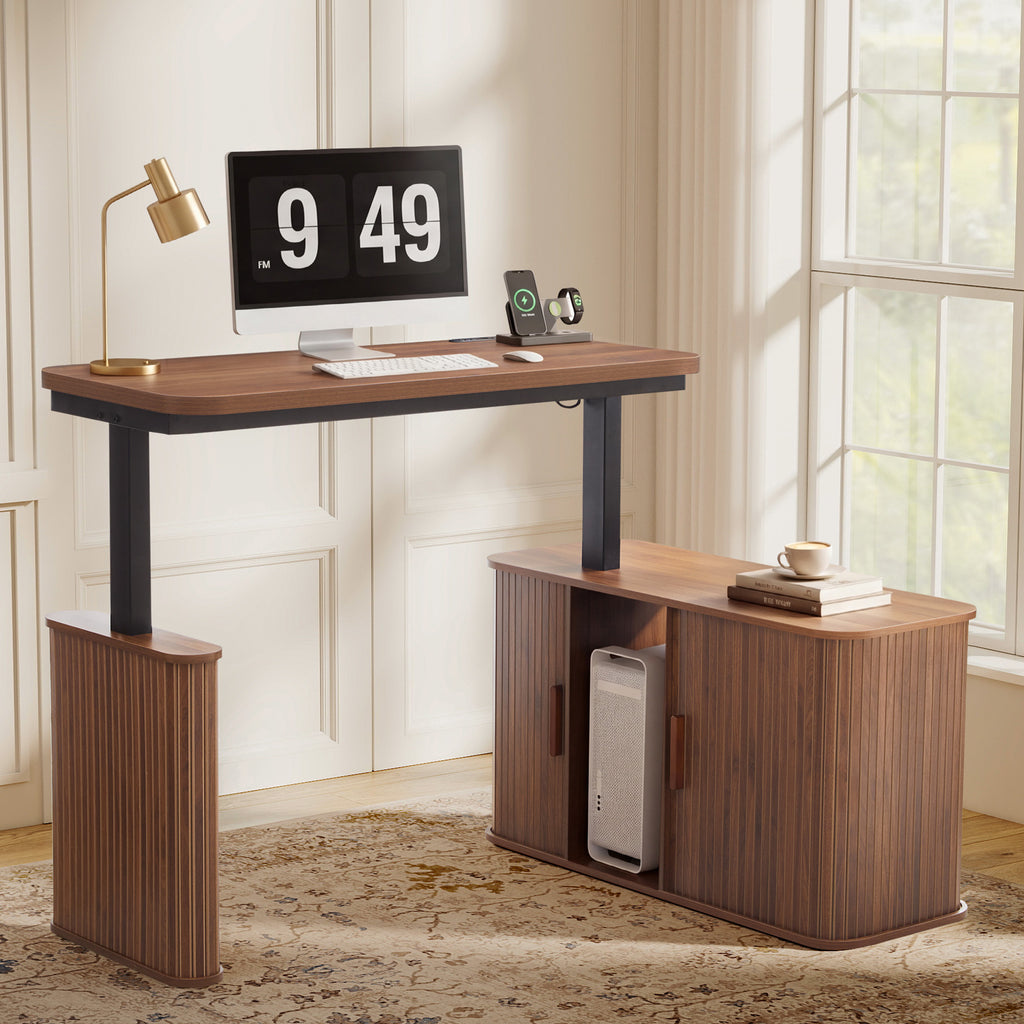 WIRRYTOR 47" Mid-Century Modern L-Shaped Electric Standing Desk with Storage, Home Office Adjustable Height Corner Desk with Sliding Door