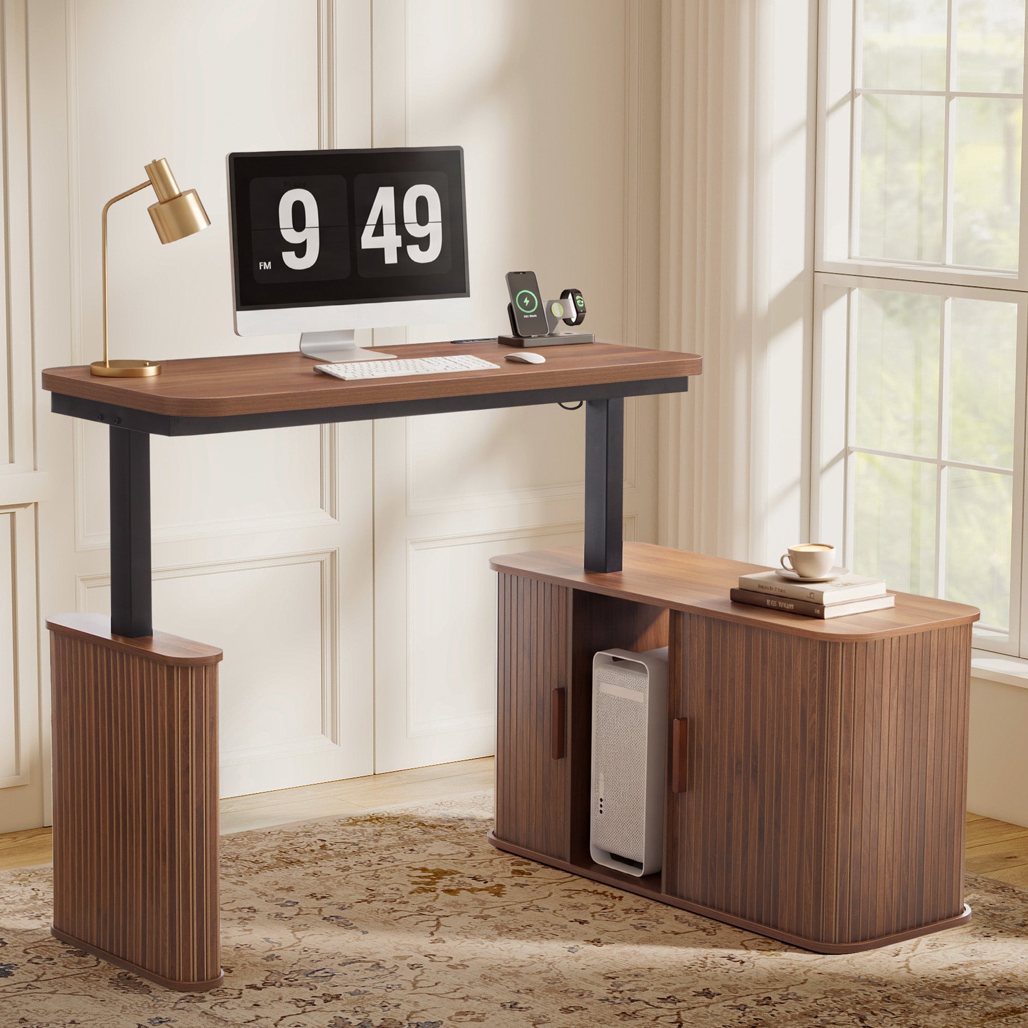 WIRRYTOR 47" Mid-Century Modern L-Shaped Electric Standing Desk with Storage, Home Office Adjustable Height Corner Desk with Sliding Door