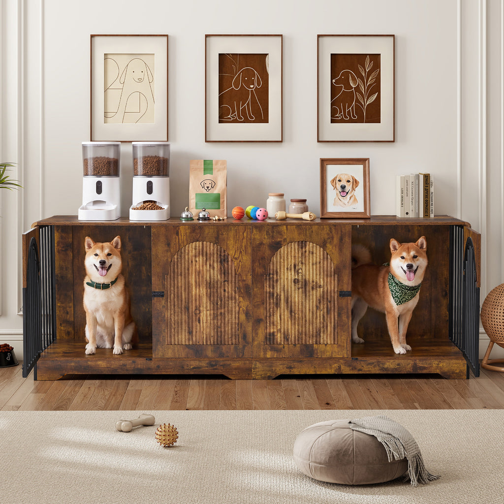 WIRRYTOR 86" Double Dog Crate Furniture for 2 Large Dogs, Heavy Duty Large Dog Kennel with Removable Divider, Wood Pet Cage TV Stand