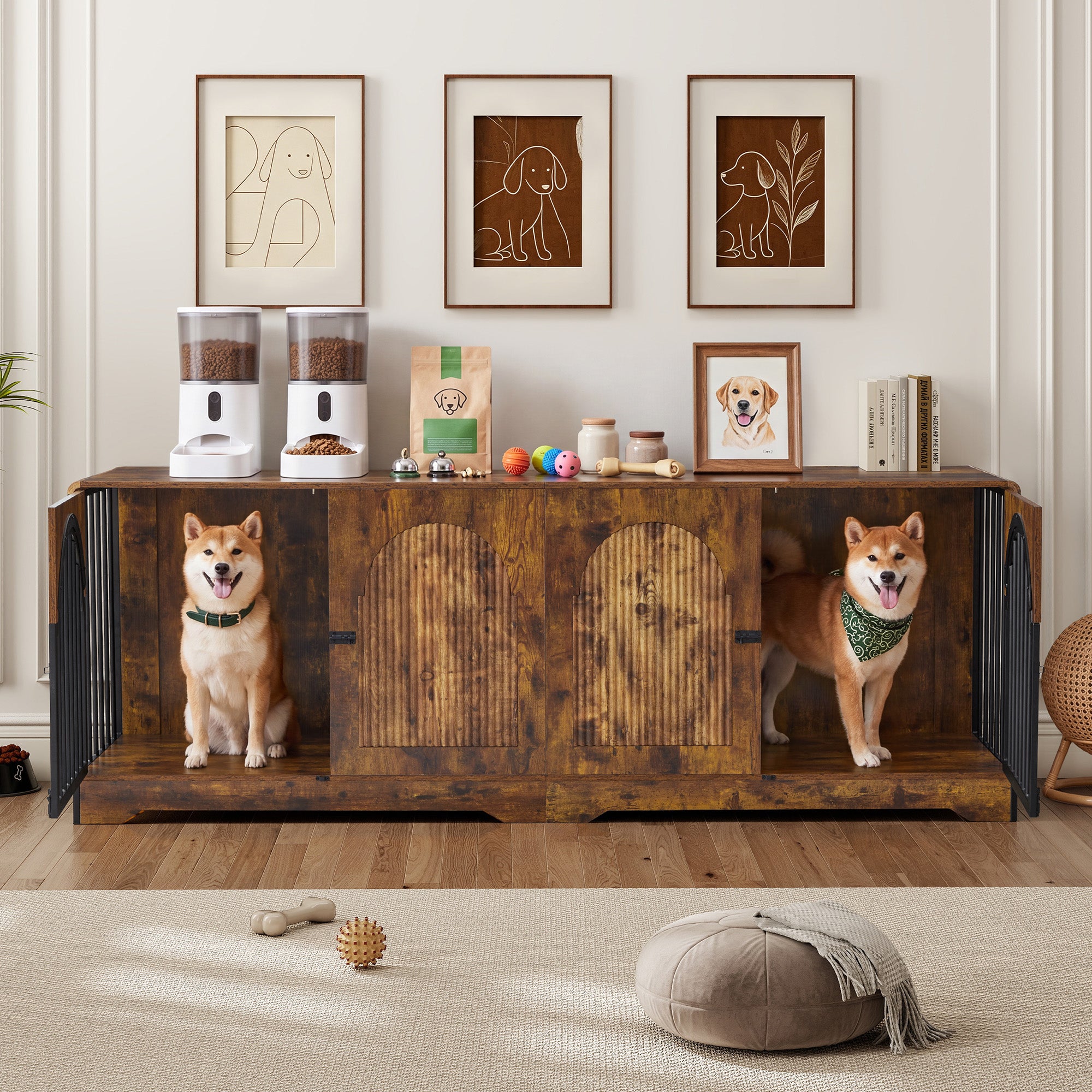 WIRRYTOR 86" Double Dog Crate Furniture for 2 Large Dogs, Heavy Duty Large Dog Kennel with Removable Divider, Wood Pet Cage TV Stand