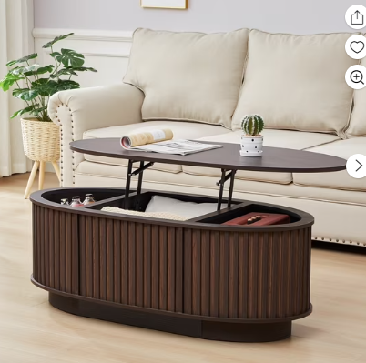 Wirrytor Lift Top Oval Coffee Table with Hidden Storage Compartment and Shelf for Living Room, Fluted Oval Center Tea Table with Wooden Lift-Top for Apartment, Small Space,