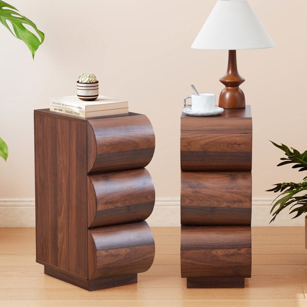WIRRYTOR Curved Wave Narrow Nightstand Set of 2 for Bedroom, Mid-Century Modern 3 Drawer Slim Bedside Tables, Retro End Table Set of 2