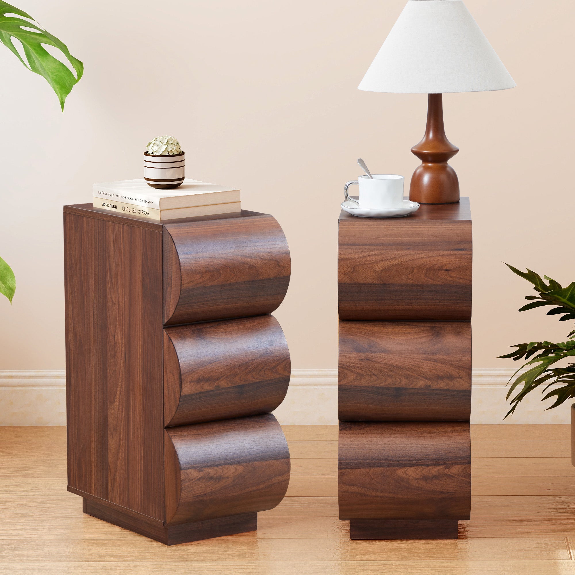 WIRRYTOR Curved Wave Narrow Nightstand Set of 2 for Bedroom, Mid-Century Modern 3 Drawer Slim Bedside Tables, Retro End Table Set of 2