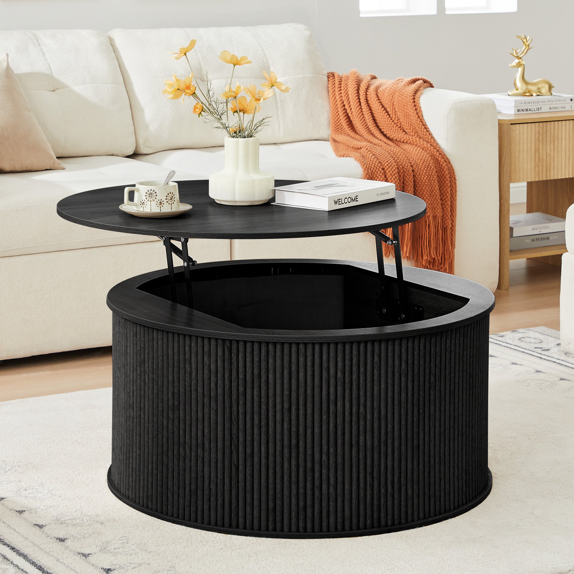 Wirrytor 31 inches Round Lift Top Coffee Table with Storage and Flip Top, Fluted Center Table for Living Room, Wood Coffee Table with Hidden Compartment, Round Arc Design