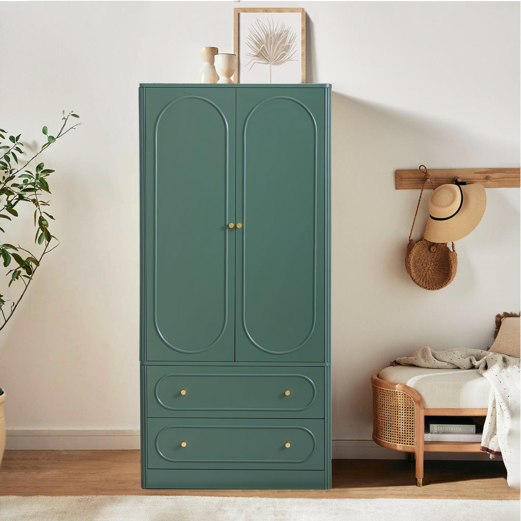 Wirrytor 2 Door Armoire for Bedroom with 2 Drawers and Hanging Rod, Fluted Tall Wardrobe Closet Storage Organizer, Large Capacity Freestanding Wardrobe for Living Room Or Office