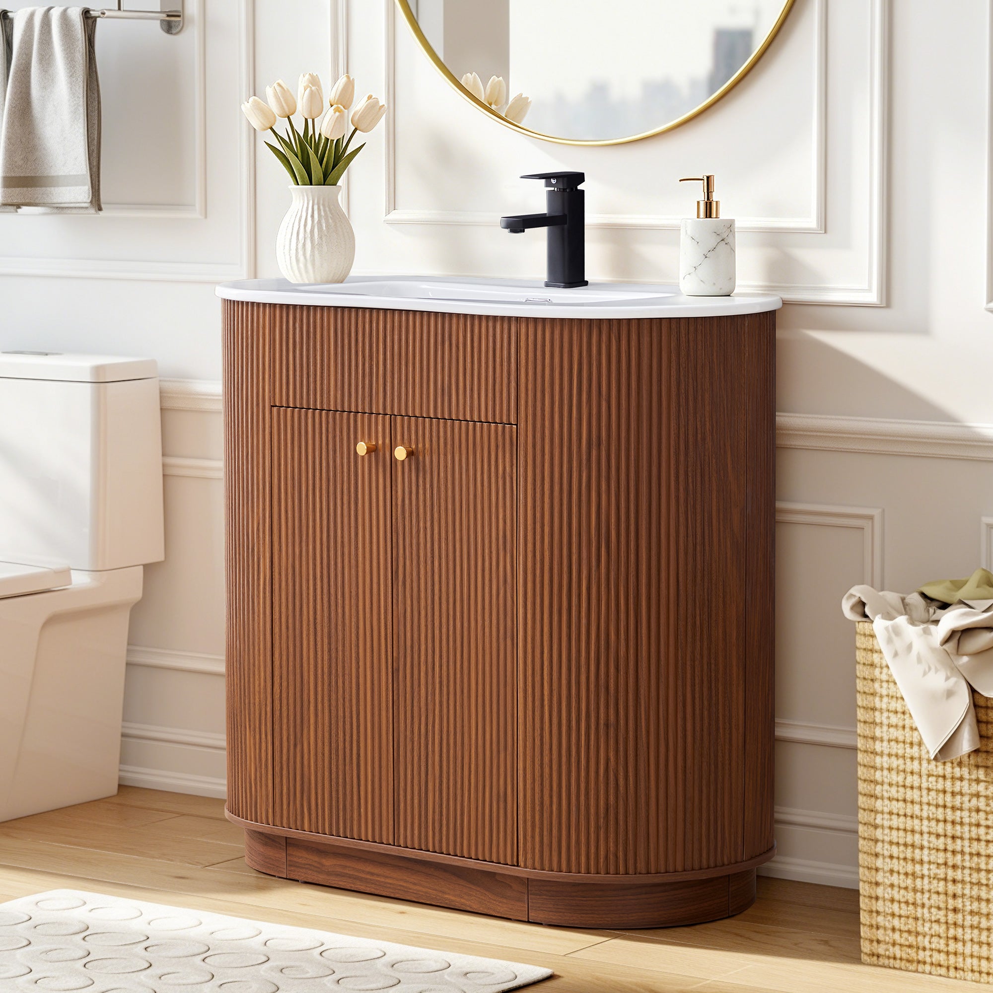 WIRRYTOR 35" Modern Bathroom Vanity with Sink and Faucet, Oval Fluted Freestanding Bathroom Cabinet with Soft-Close Doors and Storage Shelf