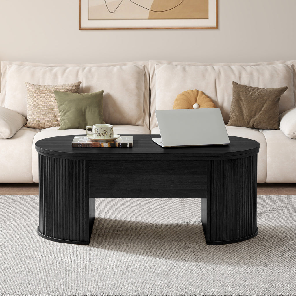 Wirrytor Lift Top Coffee Table with Storage and Open Storage Shelf, Oval Coffee Table for Living Room, Elliptical Arc Design, Fluted Center Table,  Finish & Spacious Storage,