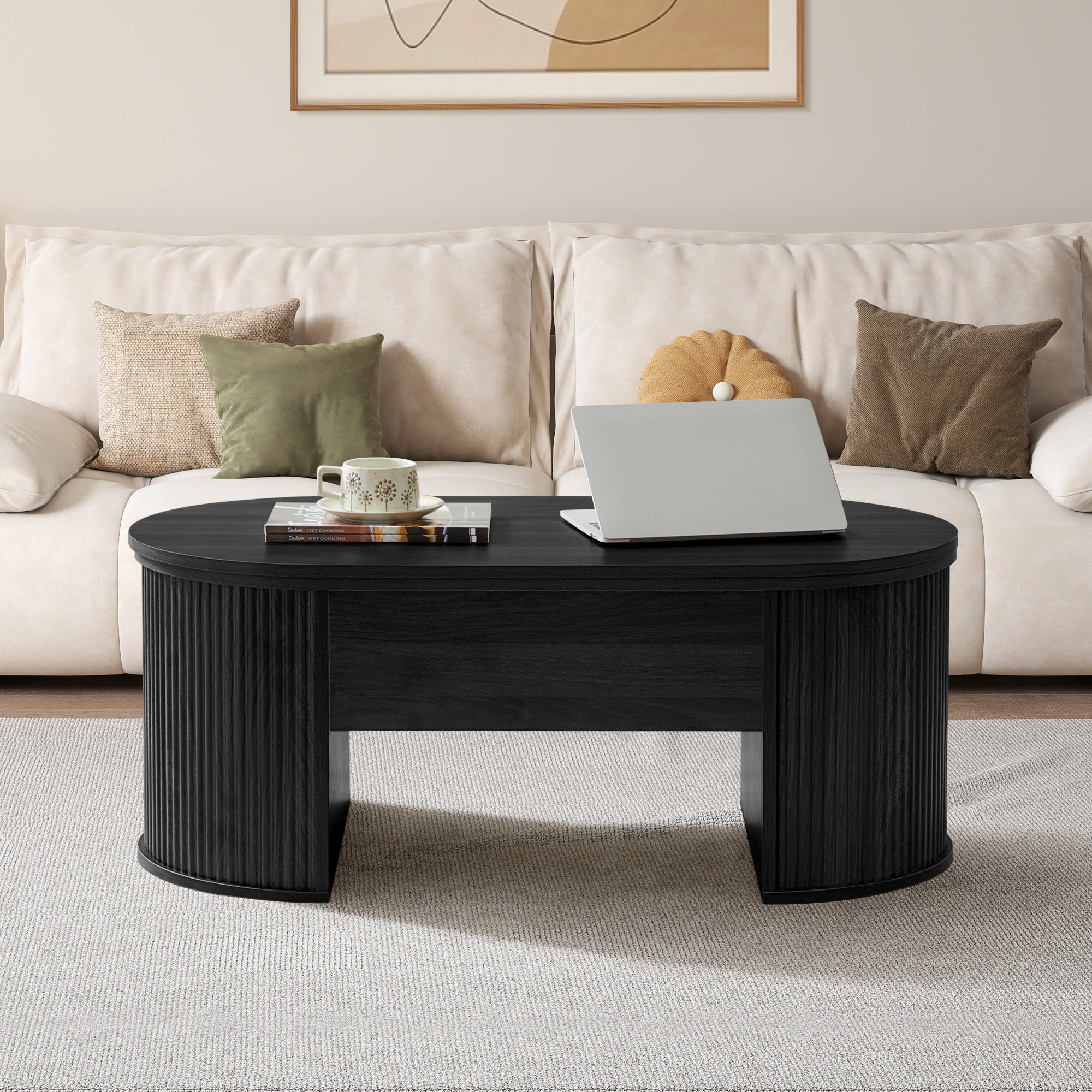 Wirrytor Lift Top Coffee Table with Storage and Open Storage Shelf, Oval Coffee Table for Living Room, Elliptical Arc Design, Fluted Center Table,  Finish & Spacious Storage,
