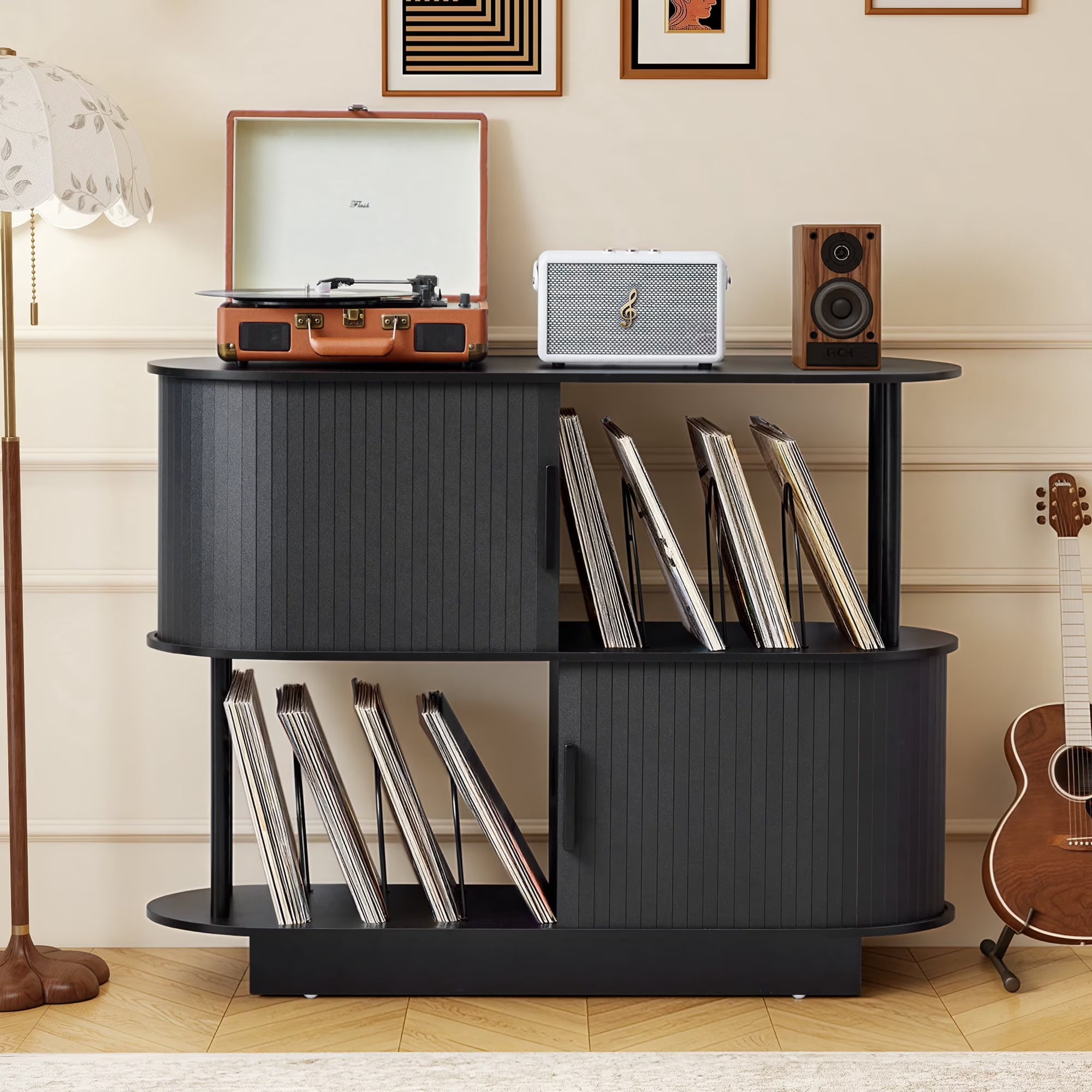 Wirrytor Black Oval Vinyl Record Storage Cabinet With 2-Tier Open Shelves, Modern Fluted Record Player Stand Holds Up To 160 Albums For Living Room Bedroom