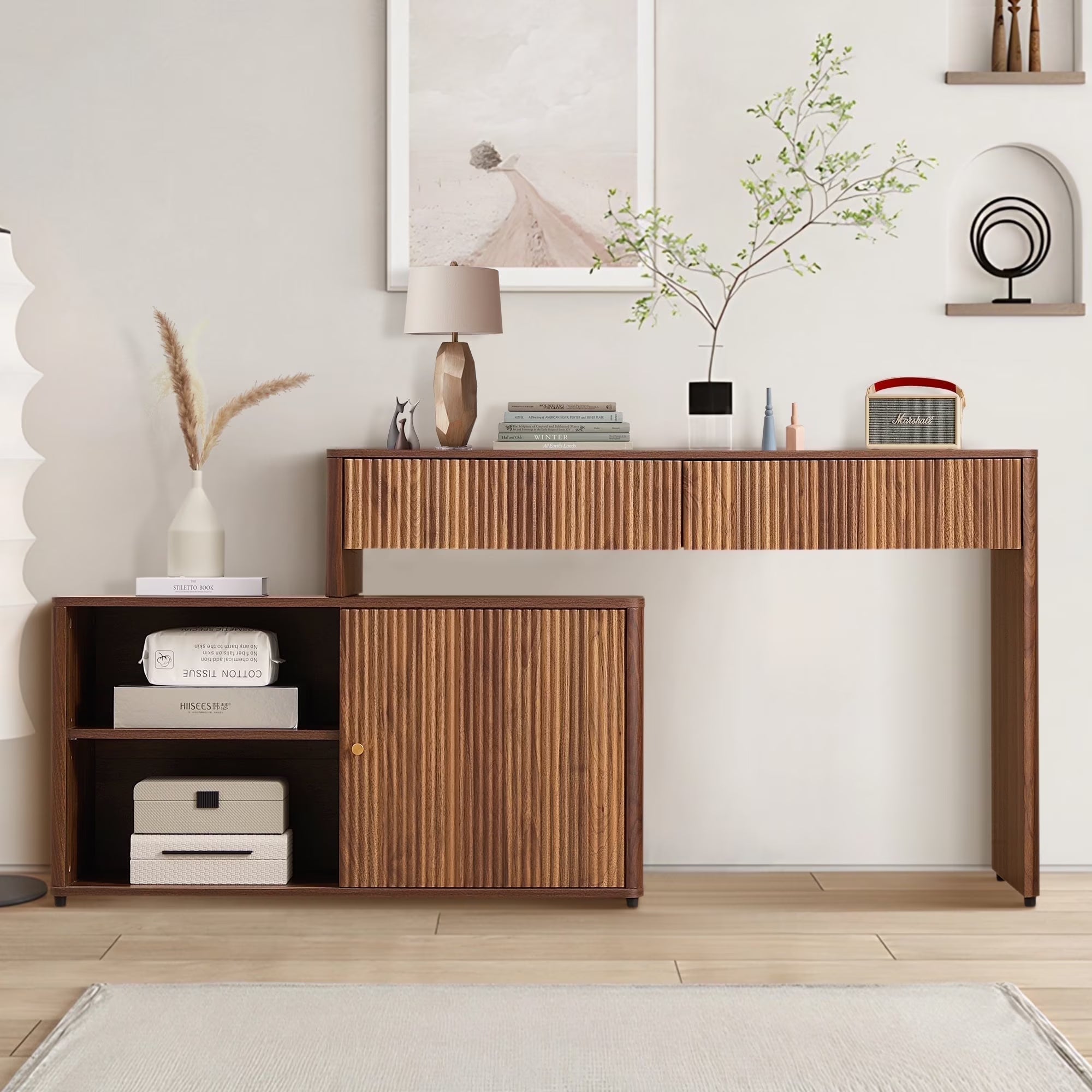 Wirrytor Modern L Shaped Desk with 2 Drawers and 2 Storage Shelves Home Office Corner Study Table Unit for Kids and Adults, Walnut