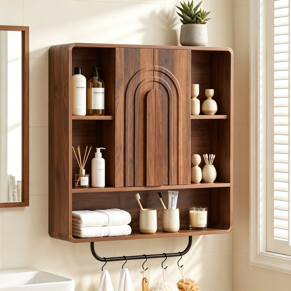 WIRRYTOR Modern Boho Wall Mounted Bathroom Cabinet with Arched Doors, Medicine Cabinet Kitchen Wall Storage Organizer with Towel Bar, 5 Hooks, Walnut