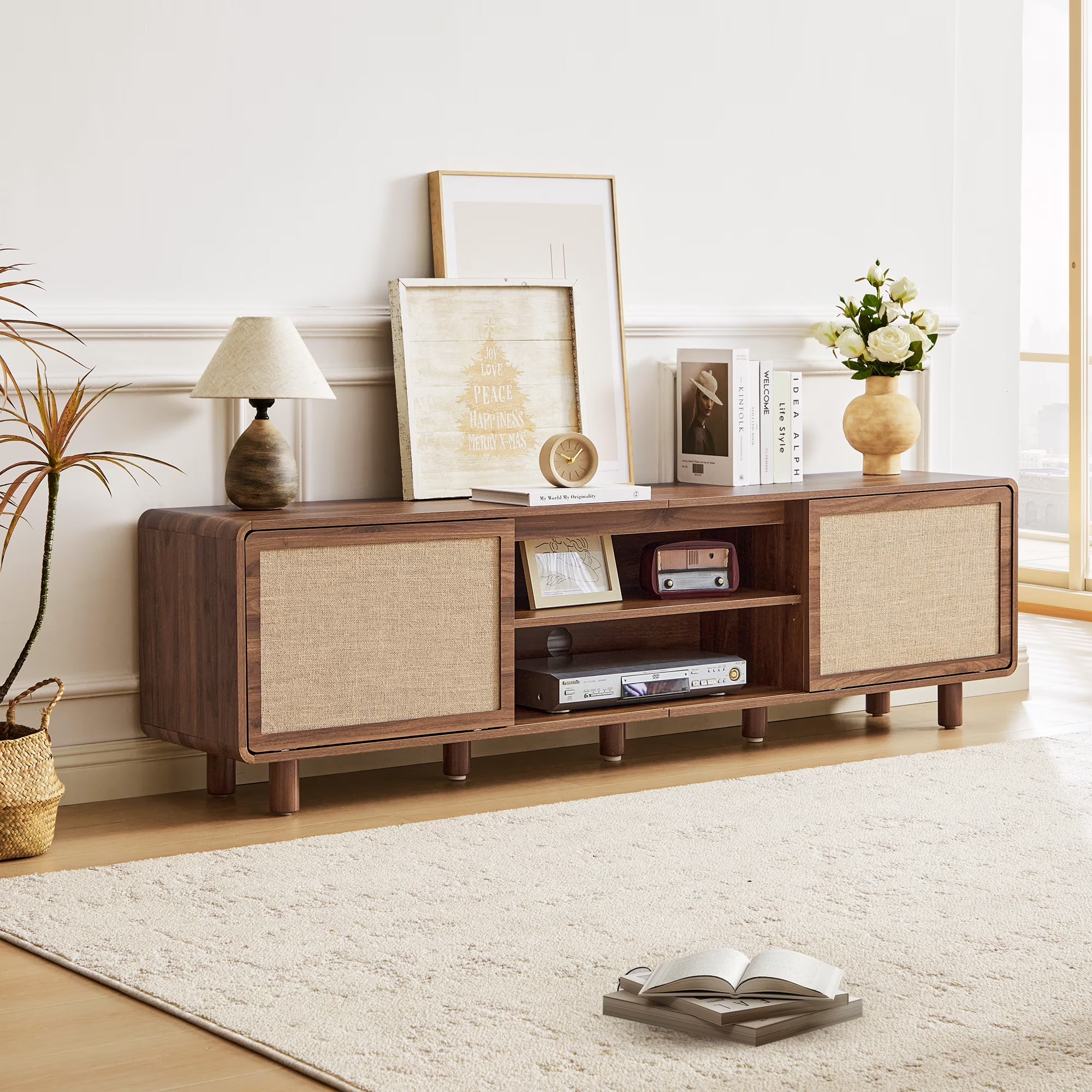 Wirrytor Walnut 70 Inch Tv Stand With Linen Sliding Doors, Mid-Century Modern Media Console For Tvs Up To 80 Inch, Entertainment Center With Open Storage Shelves For Living Room