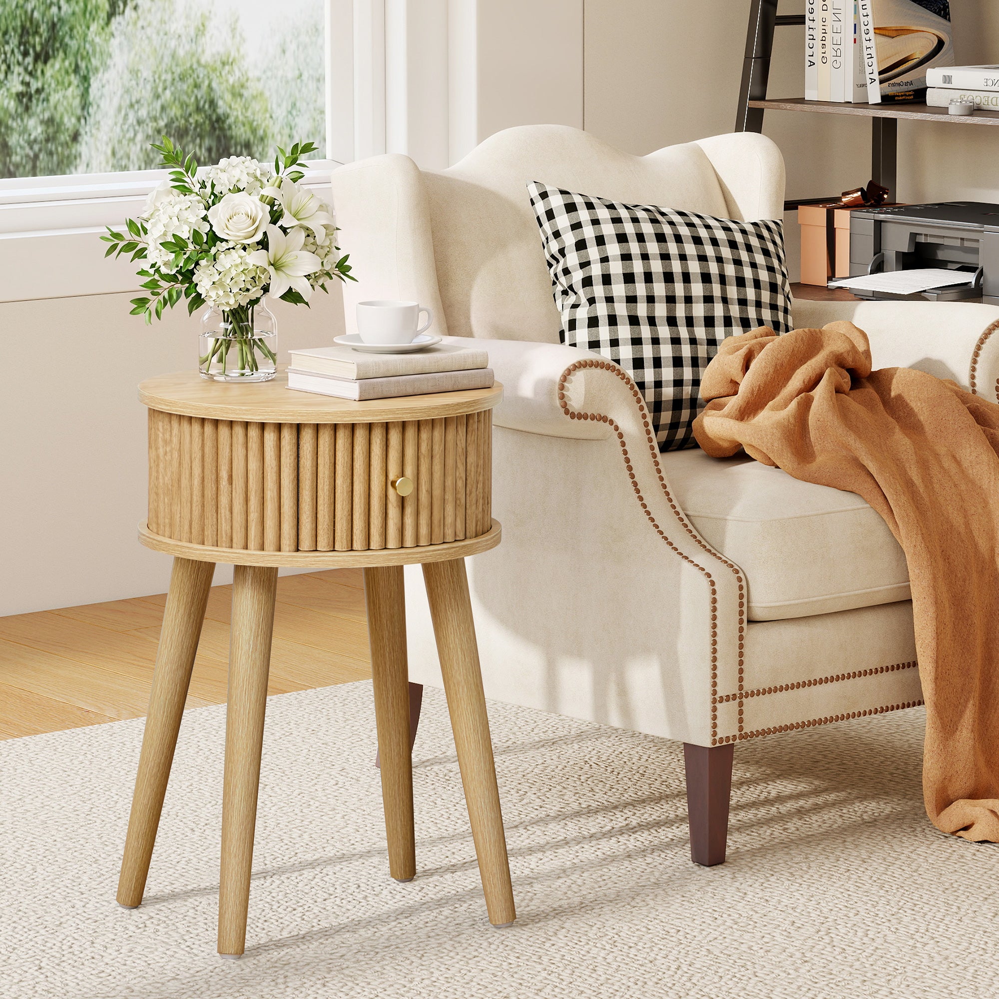 WIRRYTOR Set of 2 Modern Boho End Tables for Living Room, Round Fluted Side Tables with Drawer and Splayed Legs, Walnut Accent Tables
